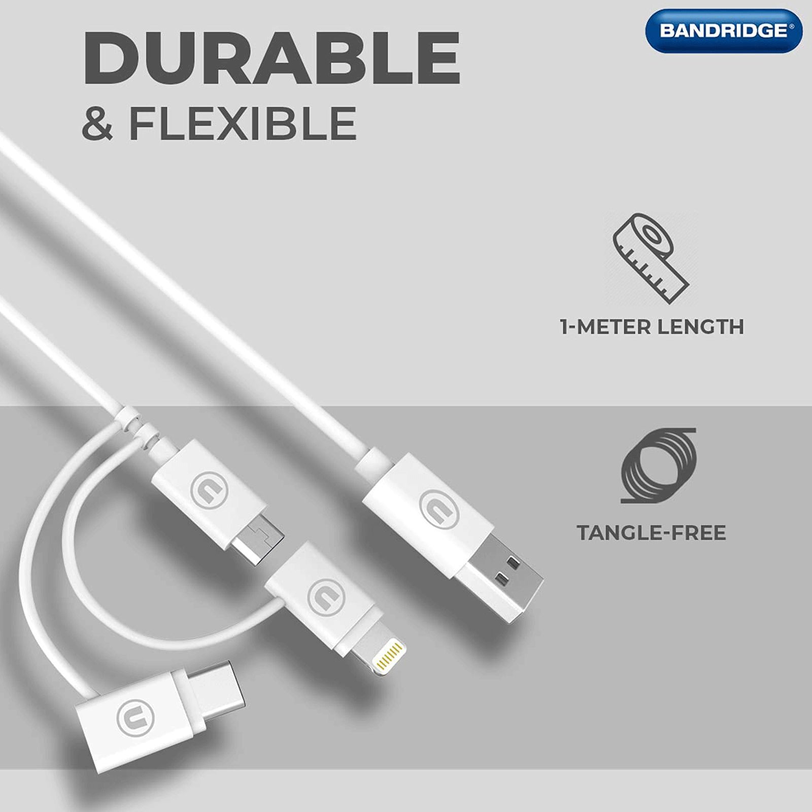Bandridge 1 Meter USB 3.0 to USB Type-C 3.0 Micro USB 2.0 Lightning Power/Charging Power Cable (Tangle Free, B3IN1W, White) Bandridge 1 Meter USB 3.0 to USB Type-C 3.0 Micro USB 2.0 Lightning Power/Charging Power Cable (Tangle Free, B3IN1W, White)_4