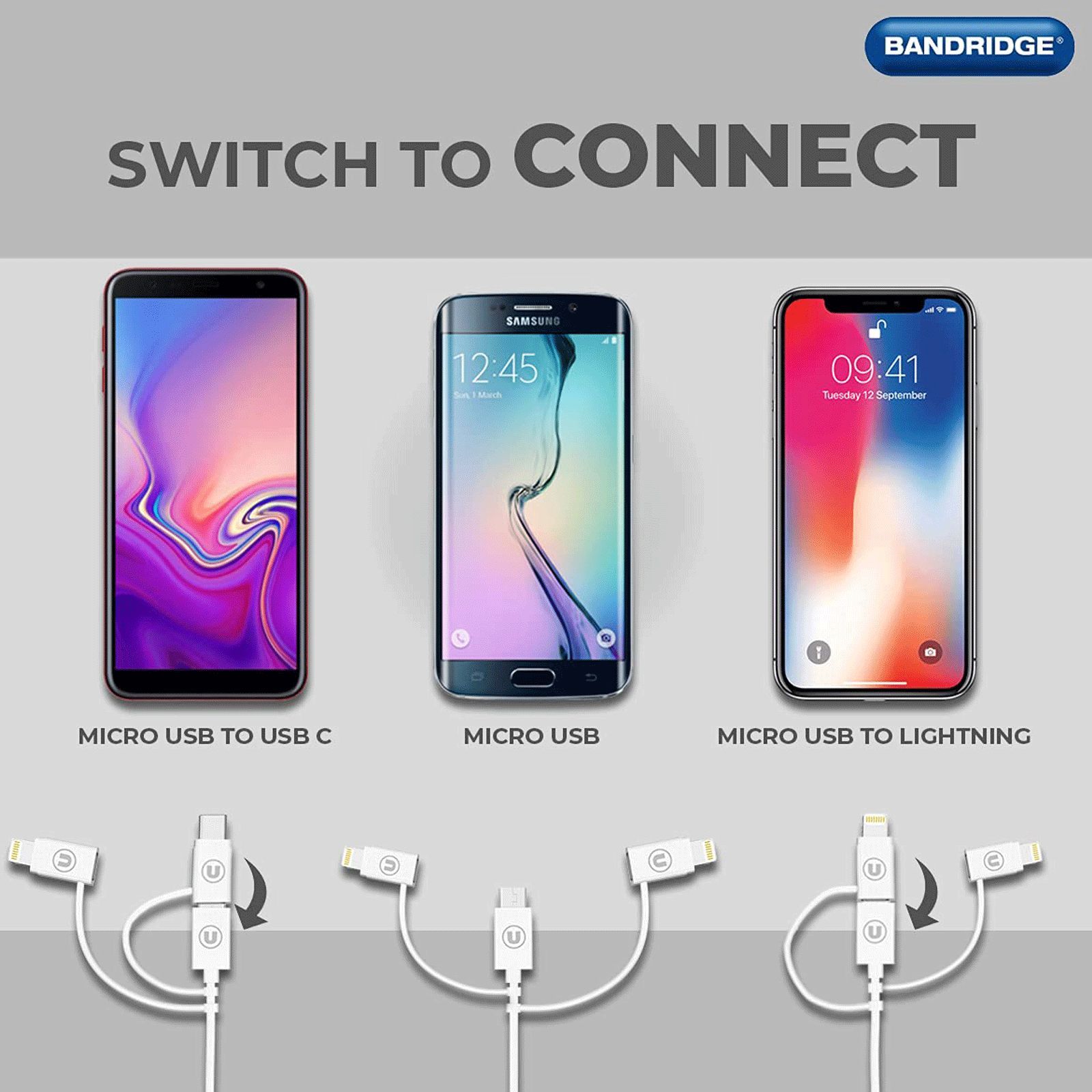 Bandridge 1 Meter USB 3.0 to USB Type-C 3.0 Micro USB 2.0 Lightning Power/Charging Power Cable (Tangle Free, B3IN1W, White) Bandridge 1 Meter USB 3.0 to USB Type-C 3.0 Micro USB 2.0 Lightning Power/Charging Power Cable (Tangle Free, B3IN1W, White)_5