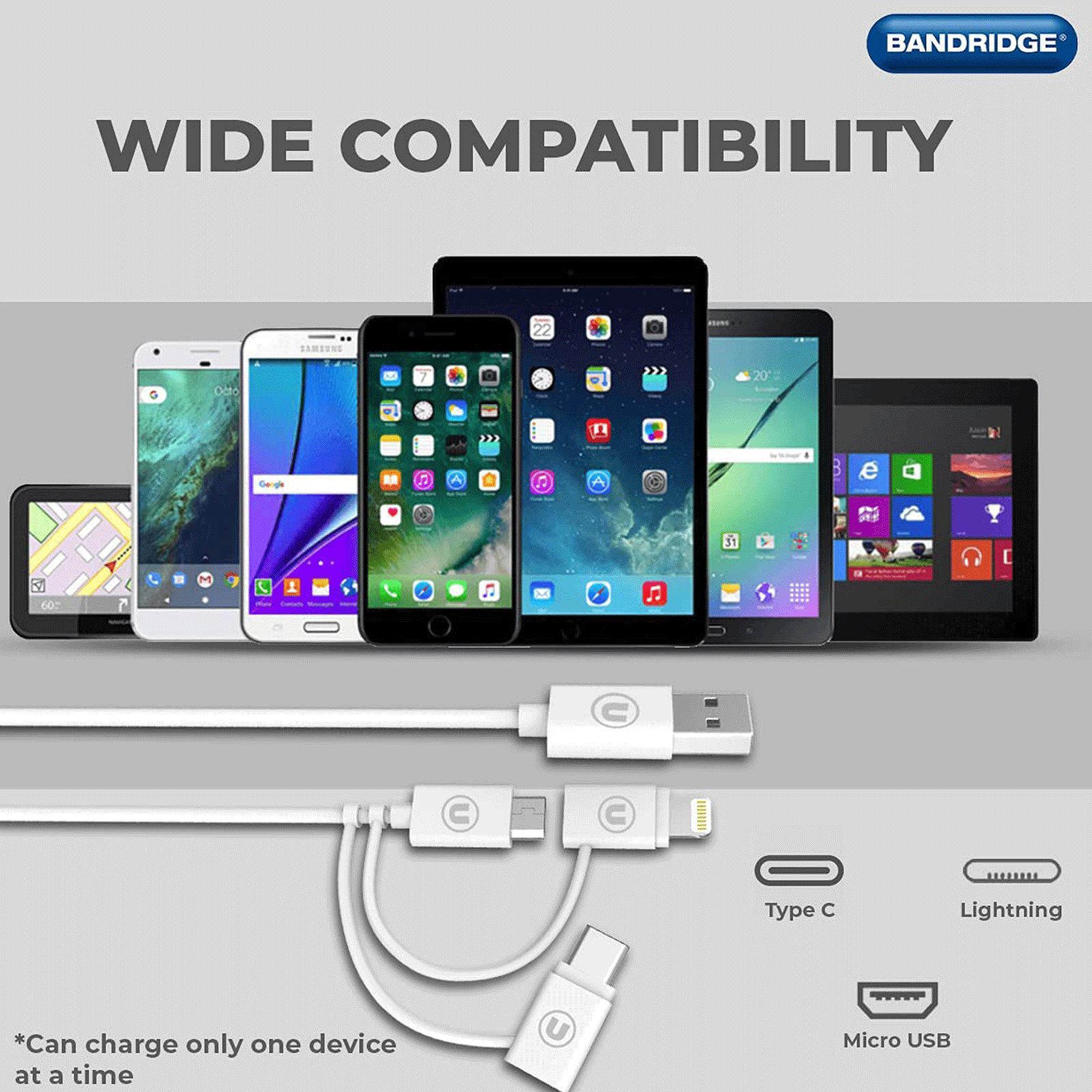 Bandridge 1 Meter USB 3.0 to USB Type-C 3.0 Micro USB 2.0 Lightning Power/Charging Power Cable (Tangle Free, B3IN1W, White) Bandridge 1 Meter USB 3.0 to USB Type-C 3.0 Micro USB 2.0 Lightning Power/Charging Power Cable (Tangle Free, B3IN1W, White)_6