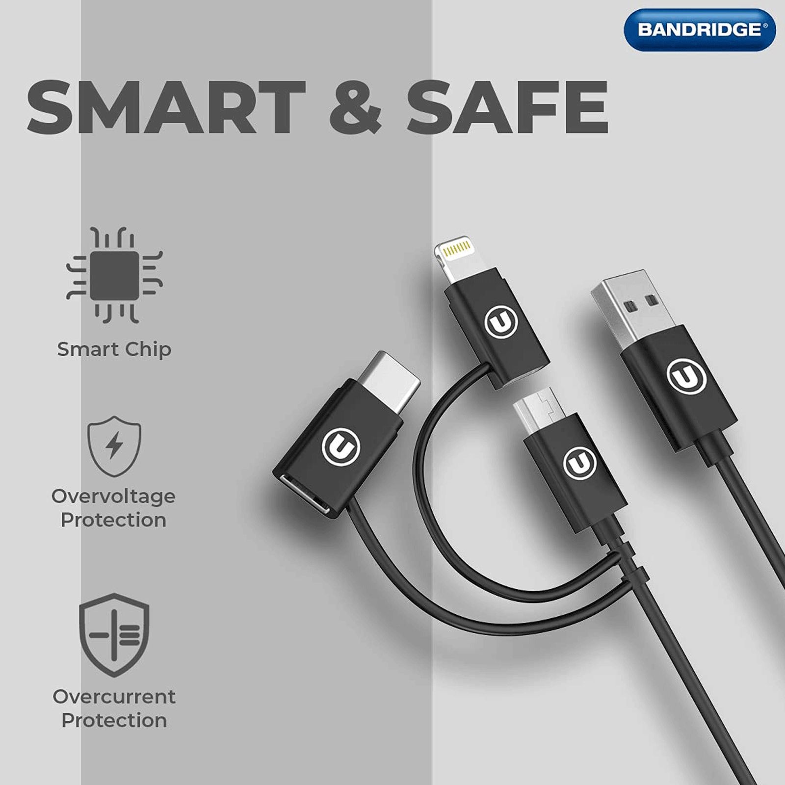 Bandridge U Series Type A to Type C, Micro USB, Lightning 3.2 Feet (1M) 3-in1 Cable (Tangle Free, Black) Bandridge U Series Type A to Type C, Micro USB, Lightning 3.2 Feet (1M) 3-in1 Cable (Tangle Free, Black)_6