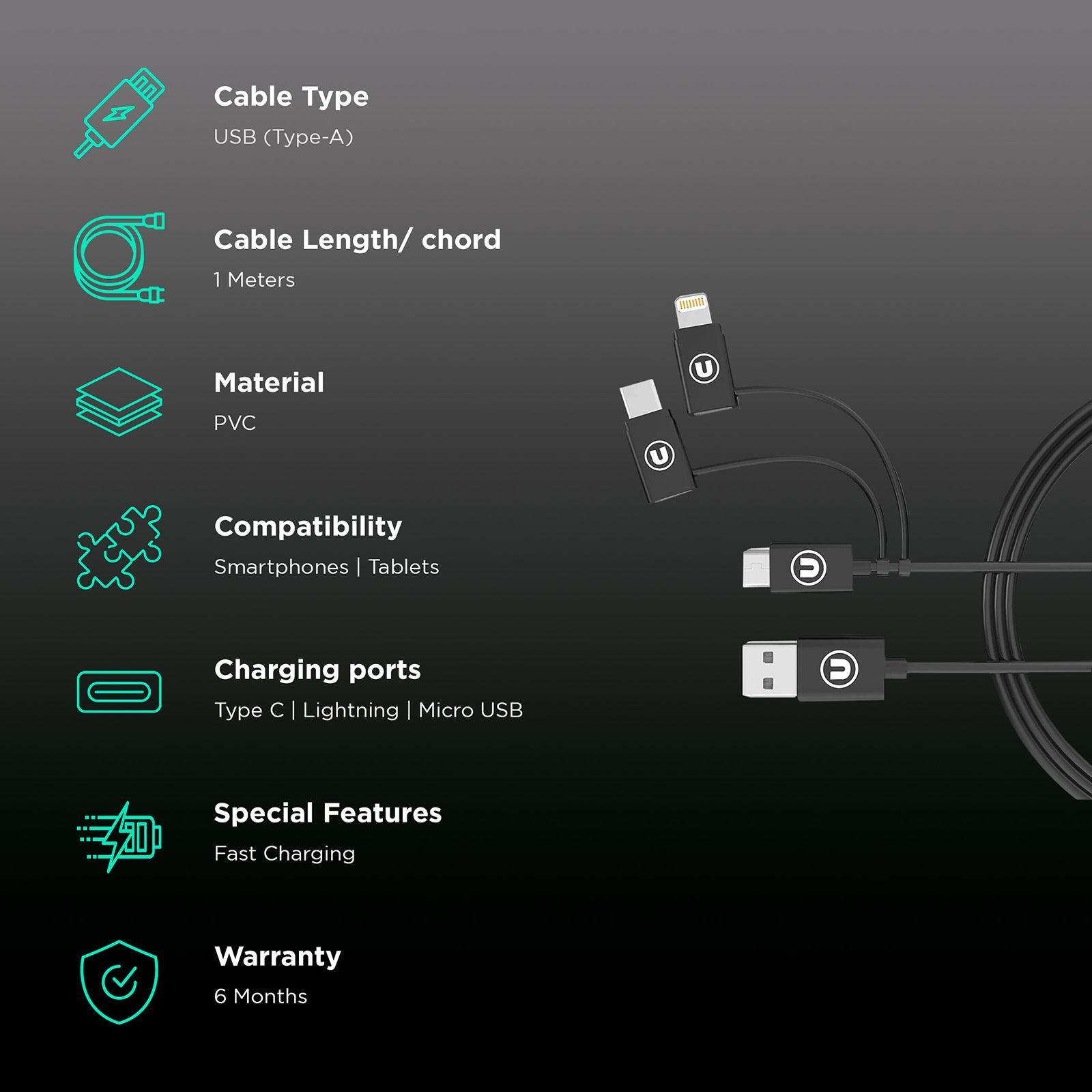 Bandridge U Series Type A to Type C, Micro USB, Lightning 3.2 Feet (1M) 3-in1 Cable (Tangle Free, Black) Bandridge U Series Type A to Type C, Micro USB, Lightning 3.2 Feet (1M) 3-in1 Cable (Tangle Free, Black)_2