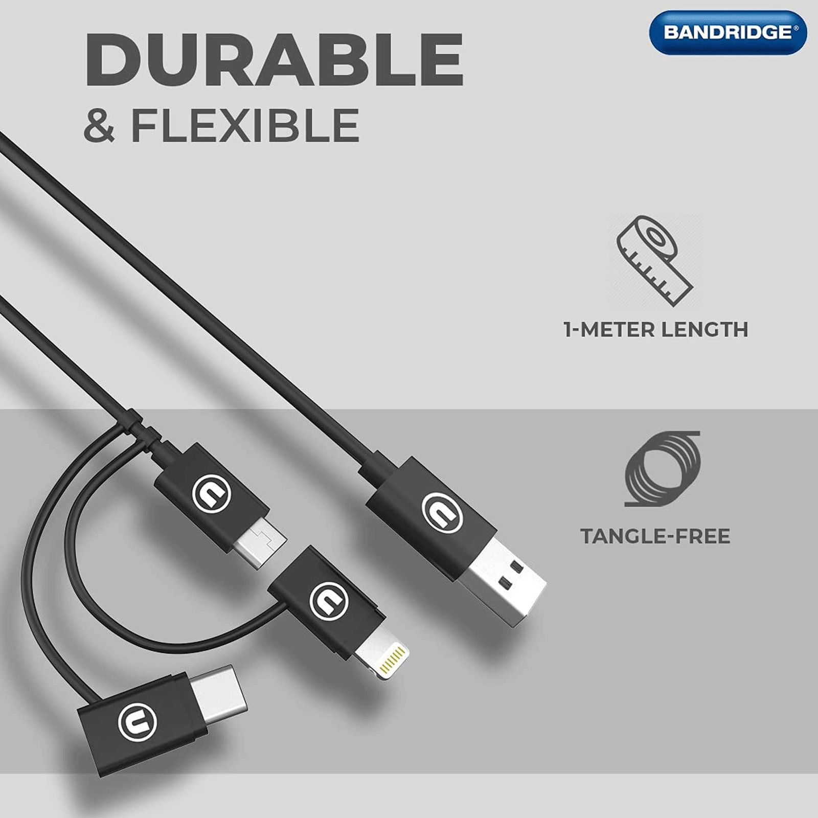 Bandridge U Series Type A to Type C, Micro USB, Lightning 3.2 Feet (1M) 3-in1 Cable (Tangle Free, Black) Bandridge U Series Type A to Type C, Micro USB, Lightning 3.2 Feet (1M) 3-in1 Cable (Tangle Free, Black)_3