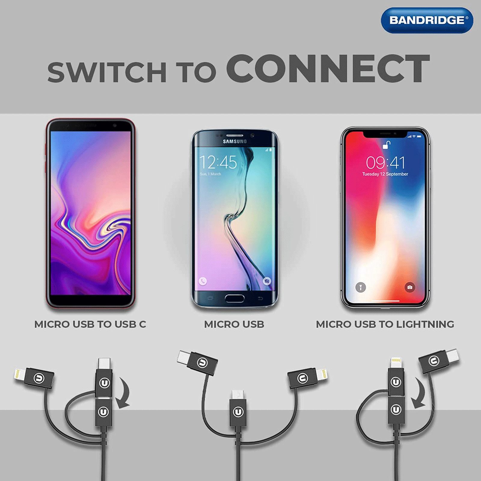 Bandridge U Series Type A to Type C, Micro USB, Lightning 3.2 Feet (1M) 3-in1 Cable (Tangle Free, Black) Bandridge U Series Type A to Type C, Micro USB, Lightning 3.2 Feet (1M) 3-in1 Cable (Tangle Free, Black)_4