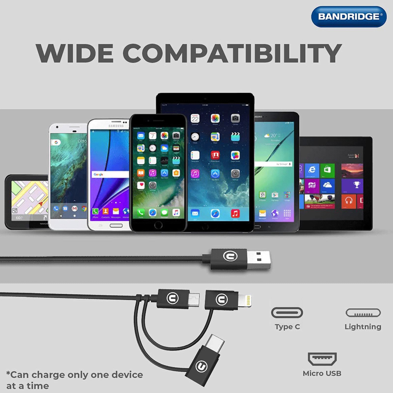 Bandridge U Series Type A to Type C, Micro USB, Lightning 3.2 Feet (1M) 3-in1 Cable (Tangle Free, Black) Bandridge U Series Type A to Type C, Micro USB, Lightning 3.2 Feet (1M) 3-in1 Cable (Tangle Free, Black)_5