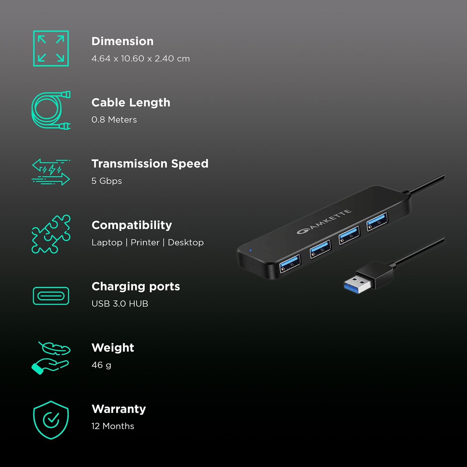 AMKETTE Superspeed USB 3.0 Type A to USB 3.0 Type A USB Hub (5 Gbps Data Transfer Rate, Black)_2