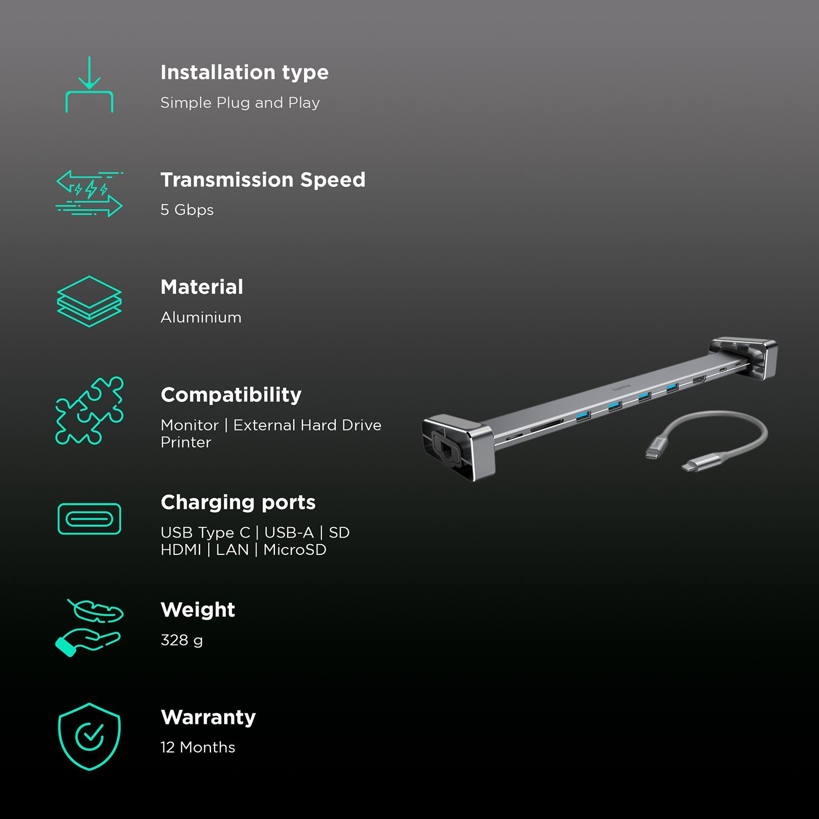 hama USB Type C to USB 2.0 Type A, USB Type C, HDMI, RJ45, Micro SD, SD Docking Station (1 Gbps Data Transfer Rate, Black)_2