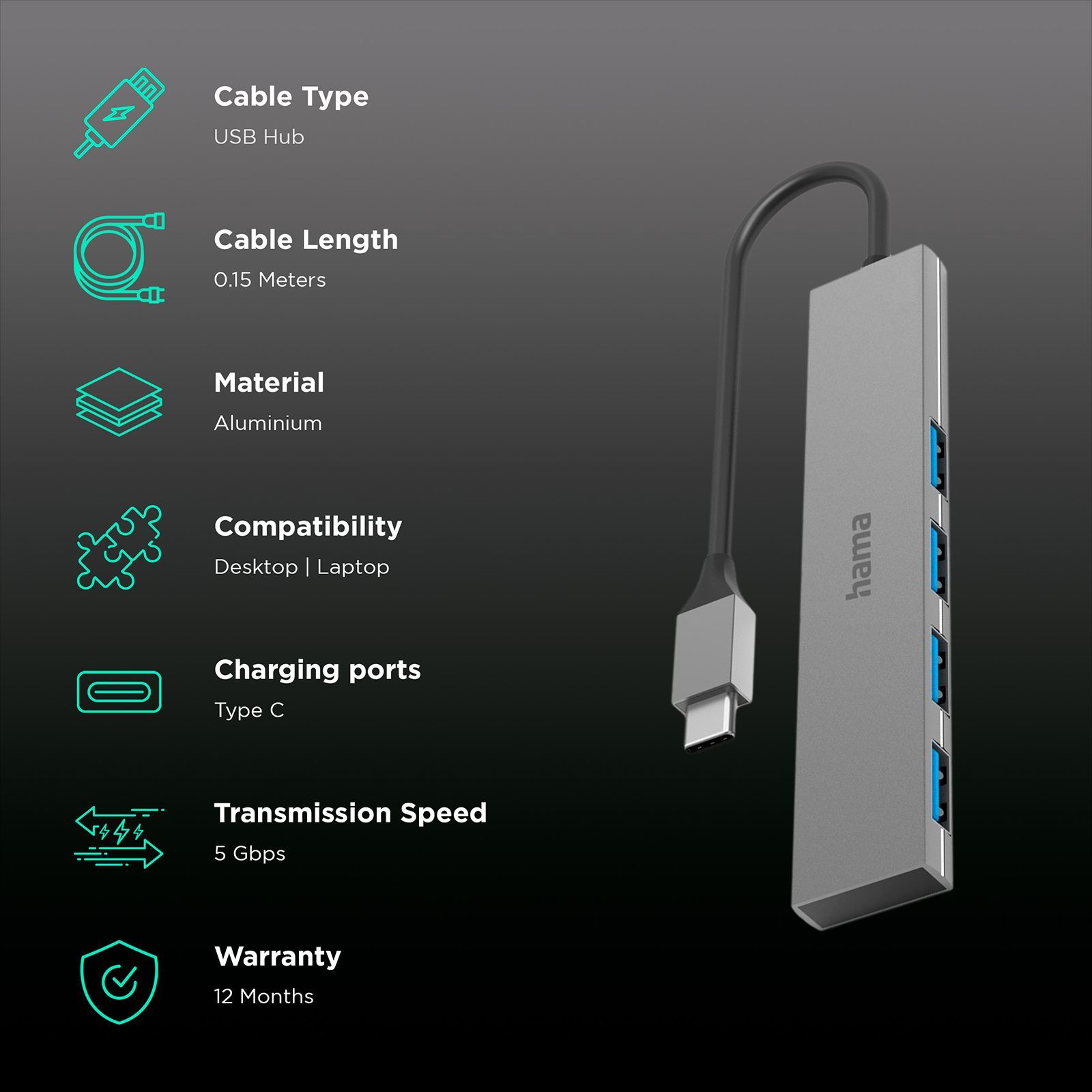 hama Hub for PC, Notebook (4 x USB 3.2 (Gen 1) Ports, 200101, Anthracite)_2