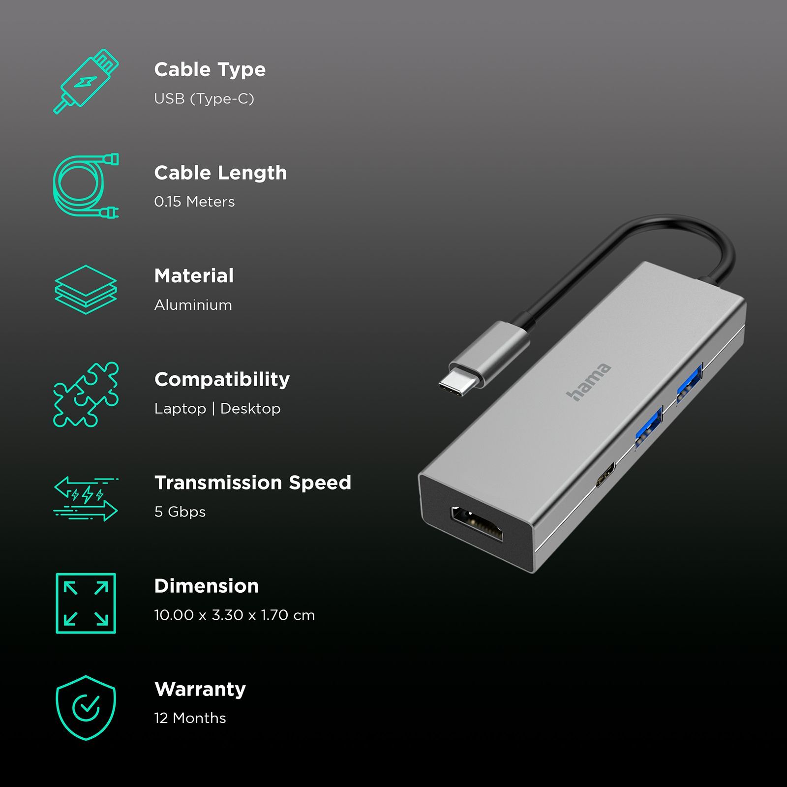 hama 4-in-1 USB Type C to USB Type C, USB Type A, HDMI Multiport Adapter (5 Gbps Data Transfer Rate, Black) hama 4-in-1 USB Type C to USB Type C, USB Type A, HDMI Multiport Adapter (5 Gbps Data Transfer Rate, Black)_2