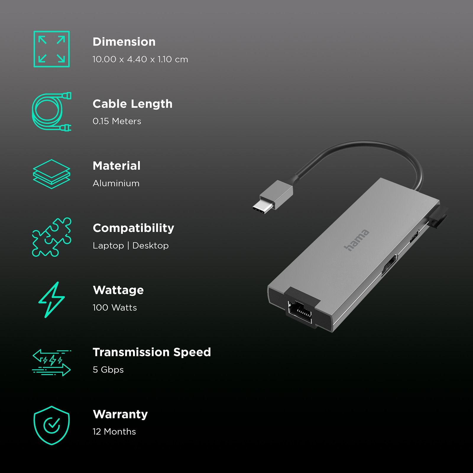 hama 5-in-1 USB Type C to USB Type C, RJ45, HDMI, Micro SD Multiport Hub (1 Gbps Data Transfer Rate, Anthracite) hama 5-in-1 USB Type C to USB Type C, RJ45, HDMI, Micro SD Multiport Hub (1 Gbps Data Transfer Rate, Anthracite)_2