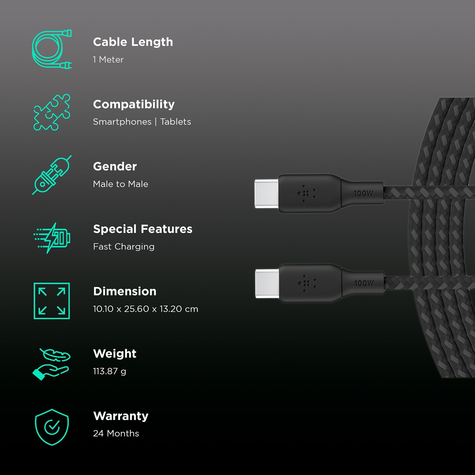 belkin Boost Charge Type C to Type C 6.5 Feet (2M) Cable (Nylon Braided, Black)_2