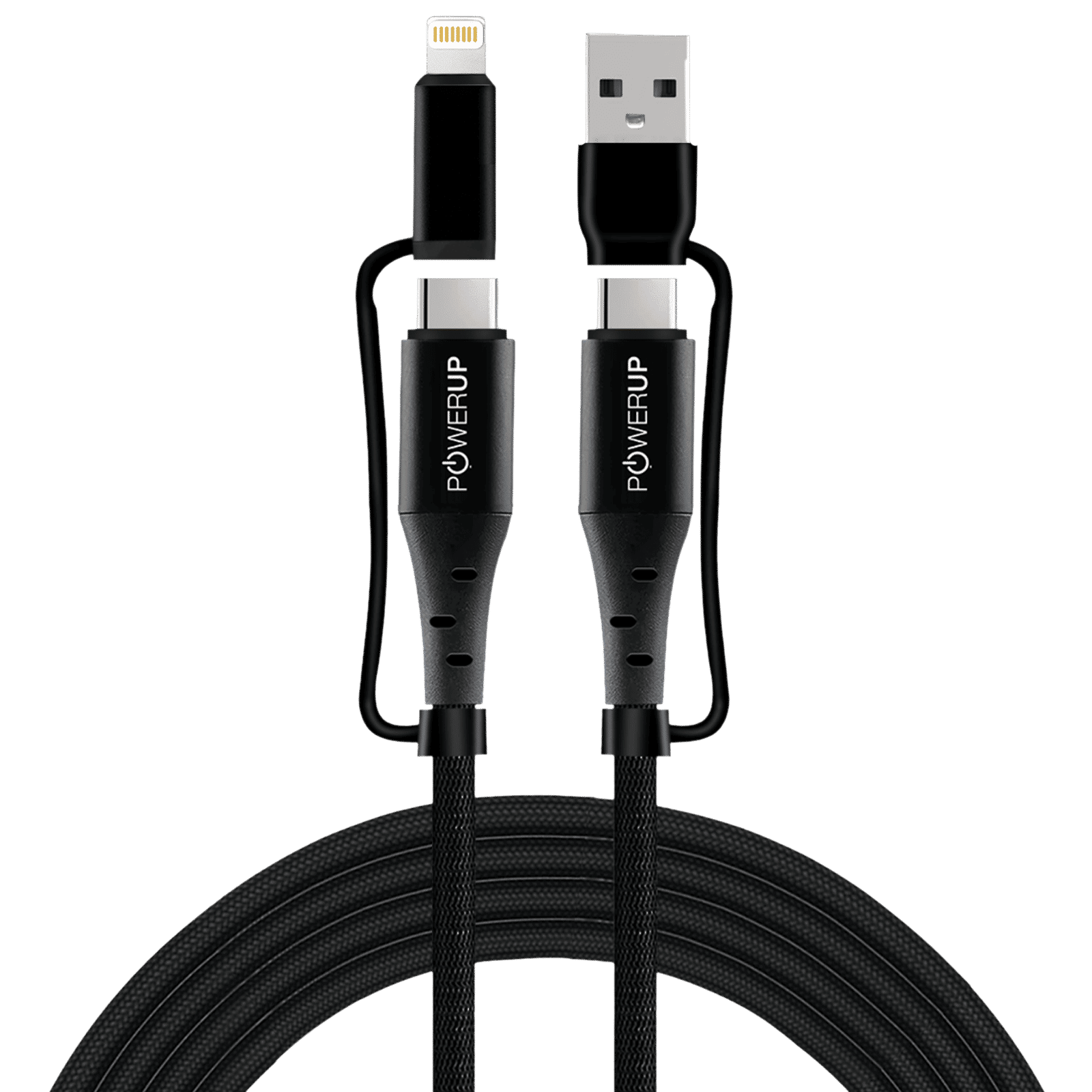 POWERUP Type C to Type C, Lightning, USB to Type C, Lightning 5 Feet (1.5M) 4-in-1 Cable (Tangle-free Design, Black)_1