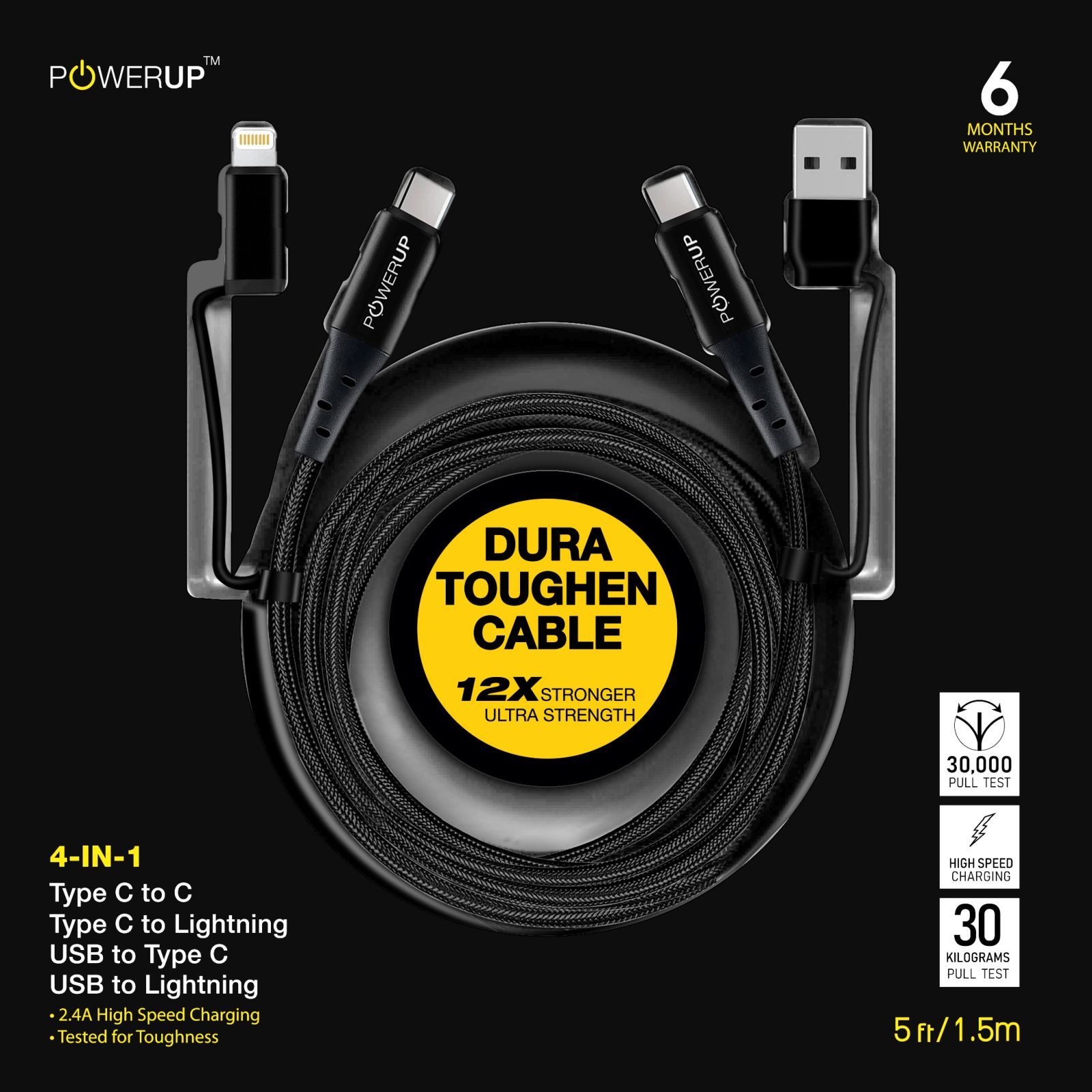 POWERUP Type C to Type C, Lightning, USB to Type C, Lightning 5 Feet (1.5M) 4-in-1 Cable (Tangle-free Design, Black)_7