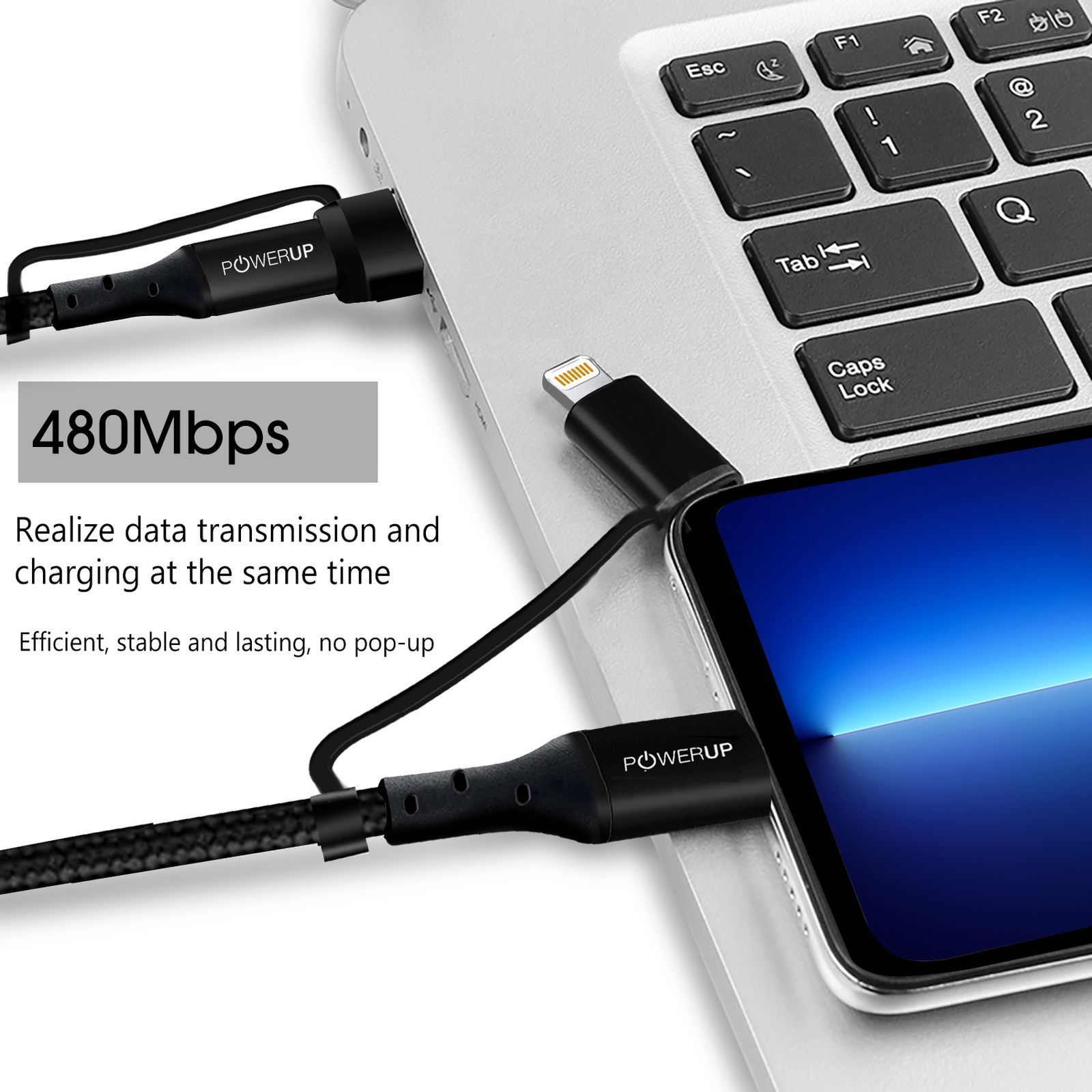 POWERUP Type C to Type C, Lightning, USB to Type C, Lightning 5 Feet (1.5M) 4-in-1 Cable (Tangle-free Design, Black)_12