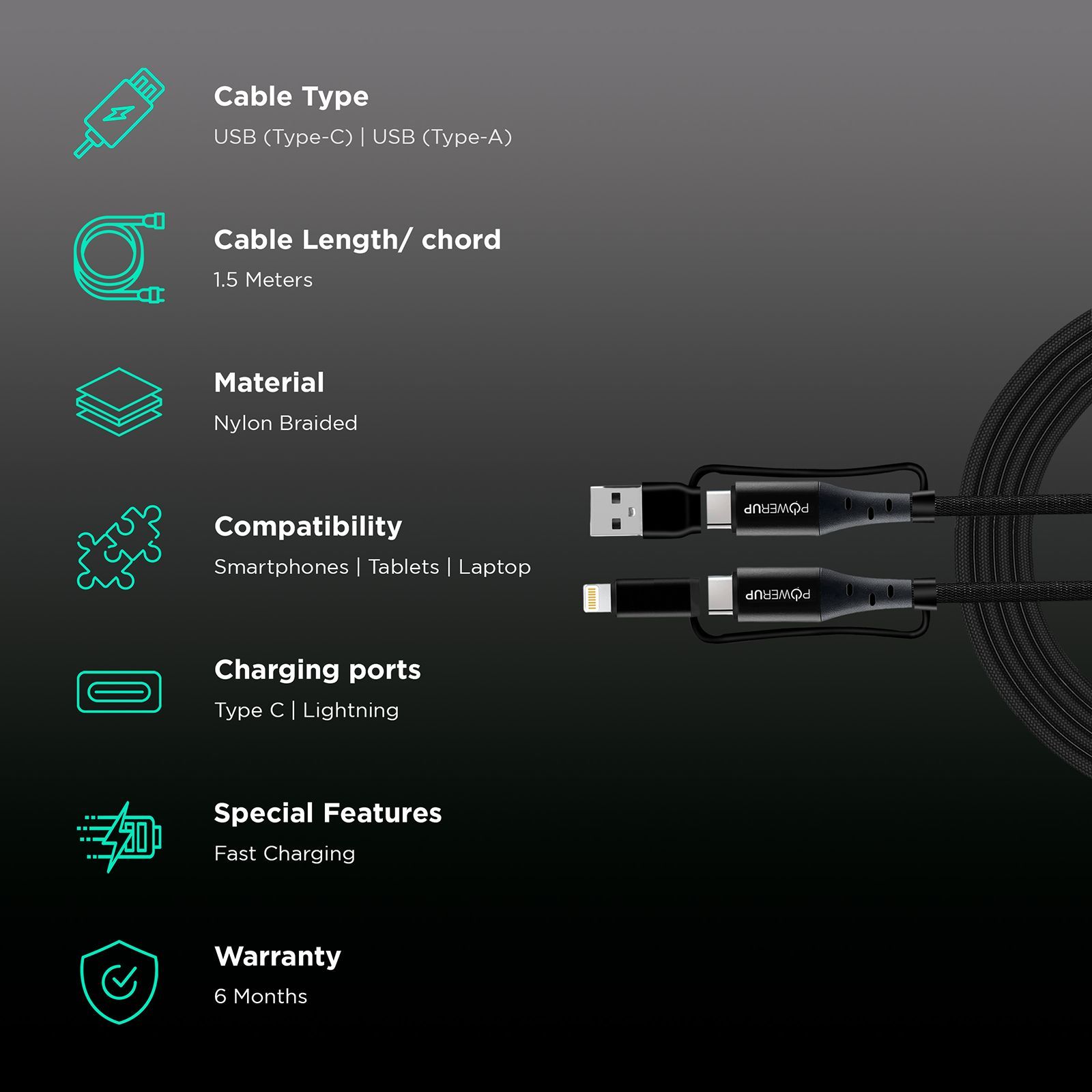 POWERUP Type C to Type C, Lightning, USB to Type C, Lightning 5 Feet (1.5M) 4-in-1 Cable (Tangle-free Design, Black)_2