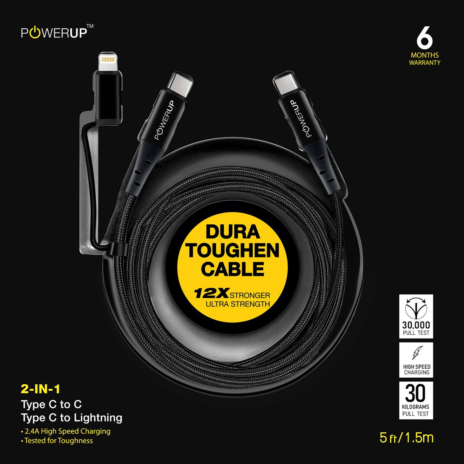 POWERUP Type C to Type C, Lightning 5 Feet (1.5M) 2-in-1 Cable (Tangle-free Design, Black)_7
