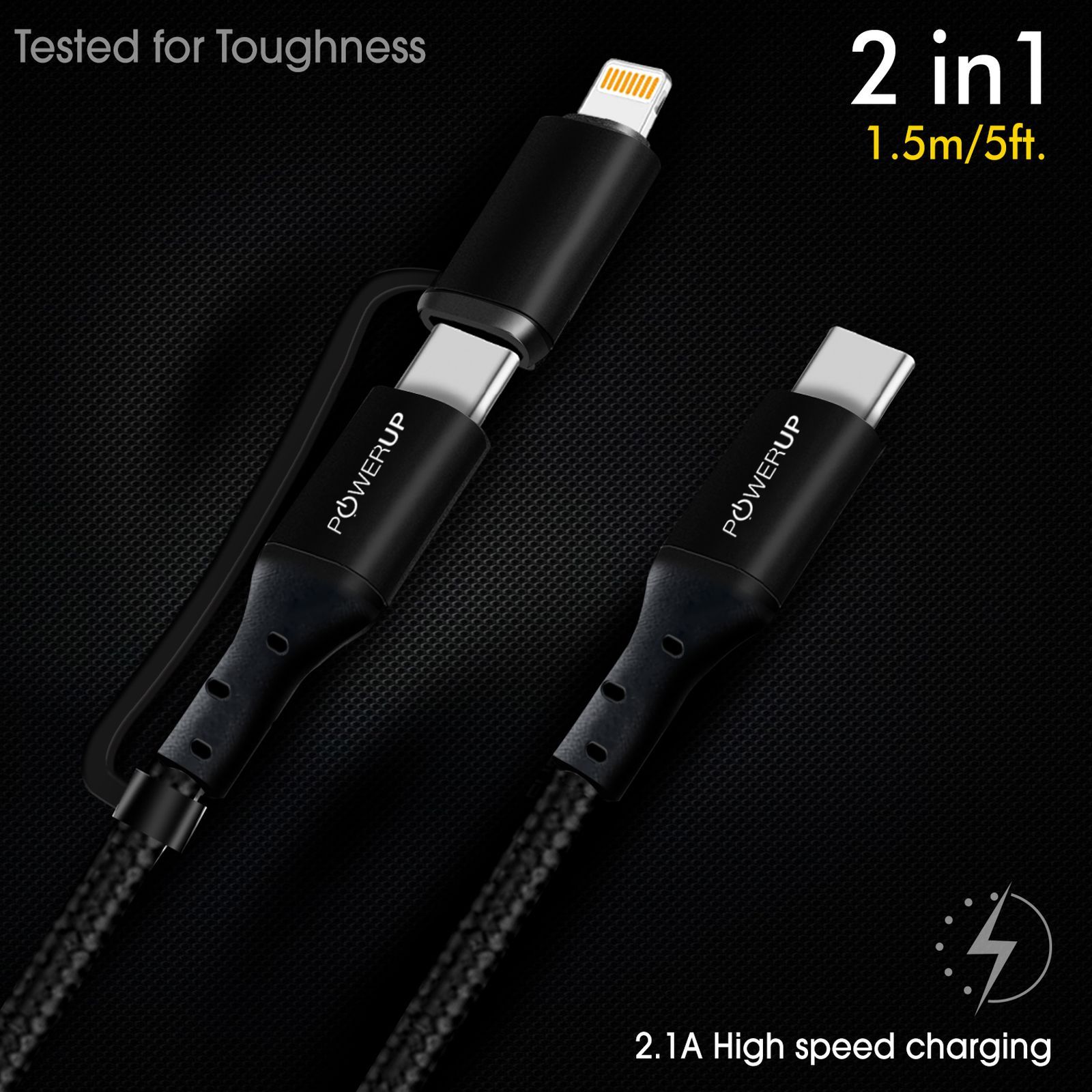 POWERUP Type C to Type C, Lightning 5 Feet (1.5M) 2-in-1 Cable (Tangle-free Design, Black)_10