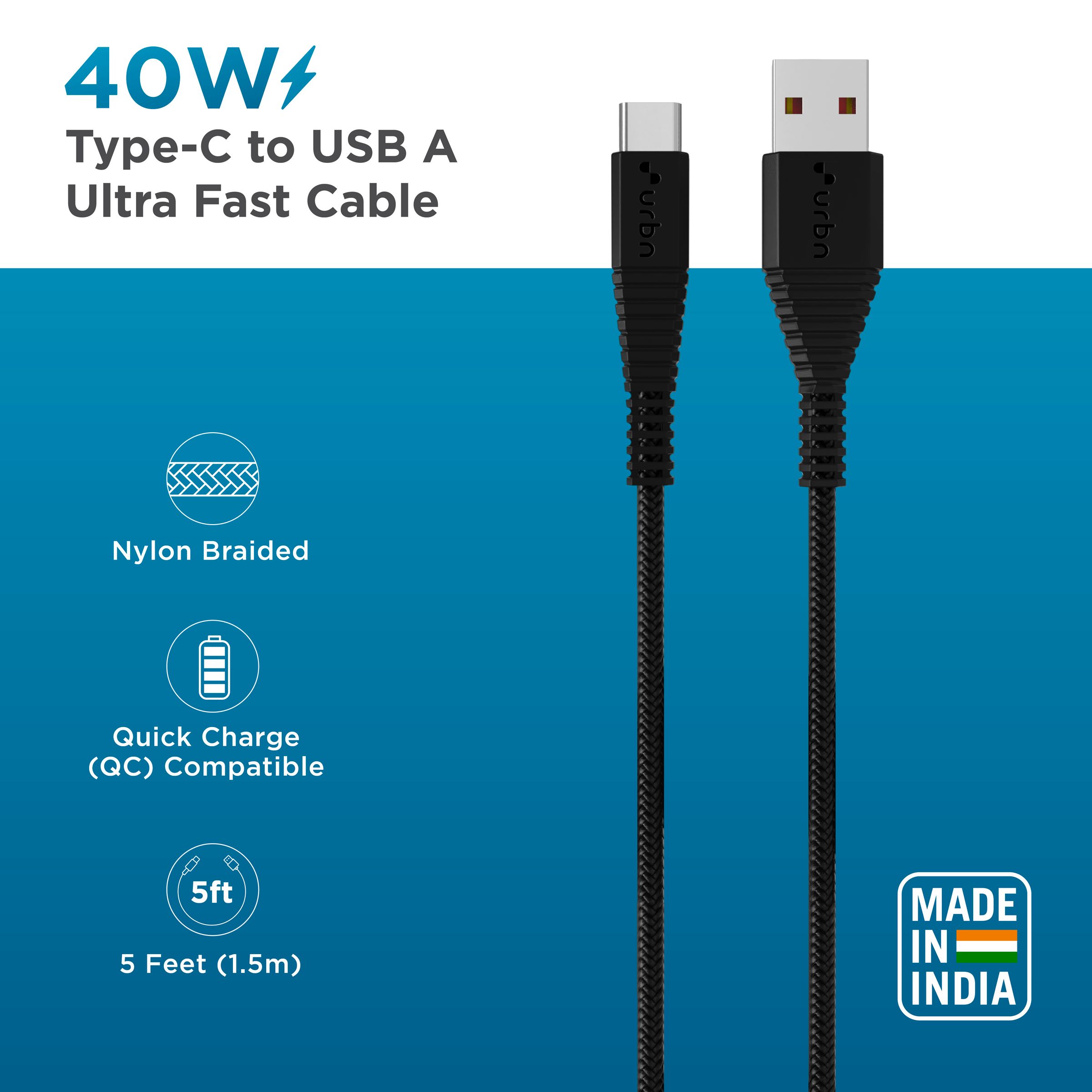 urbn Type C to Type A 5 Feet (1.5M) Cable (Nylon Braided, Black)_2