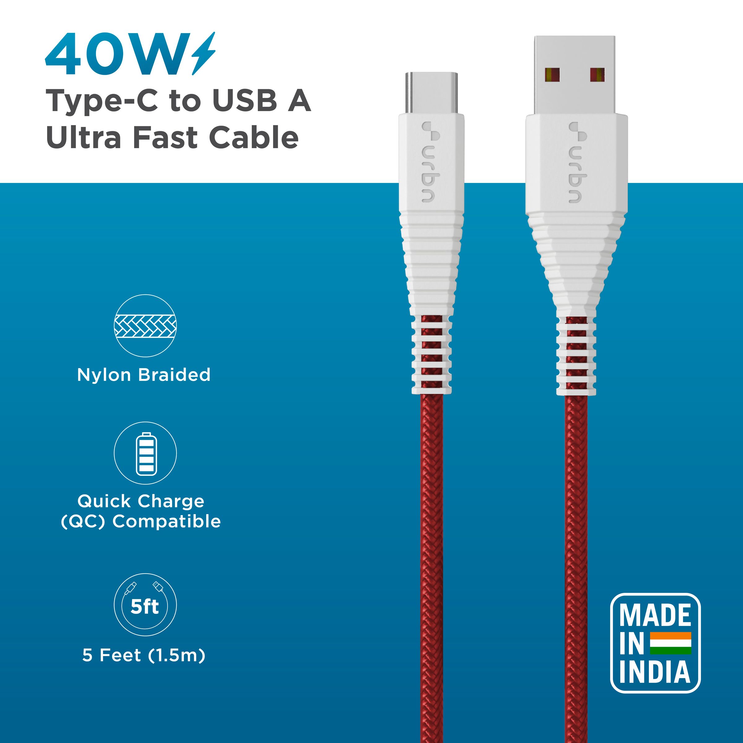 urbn Type C to Type A 5 Feet (1.5M) Cable (Nylon Braided, Red)_2