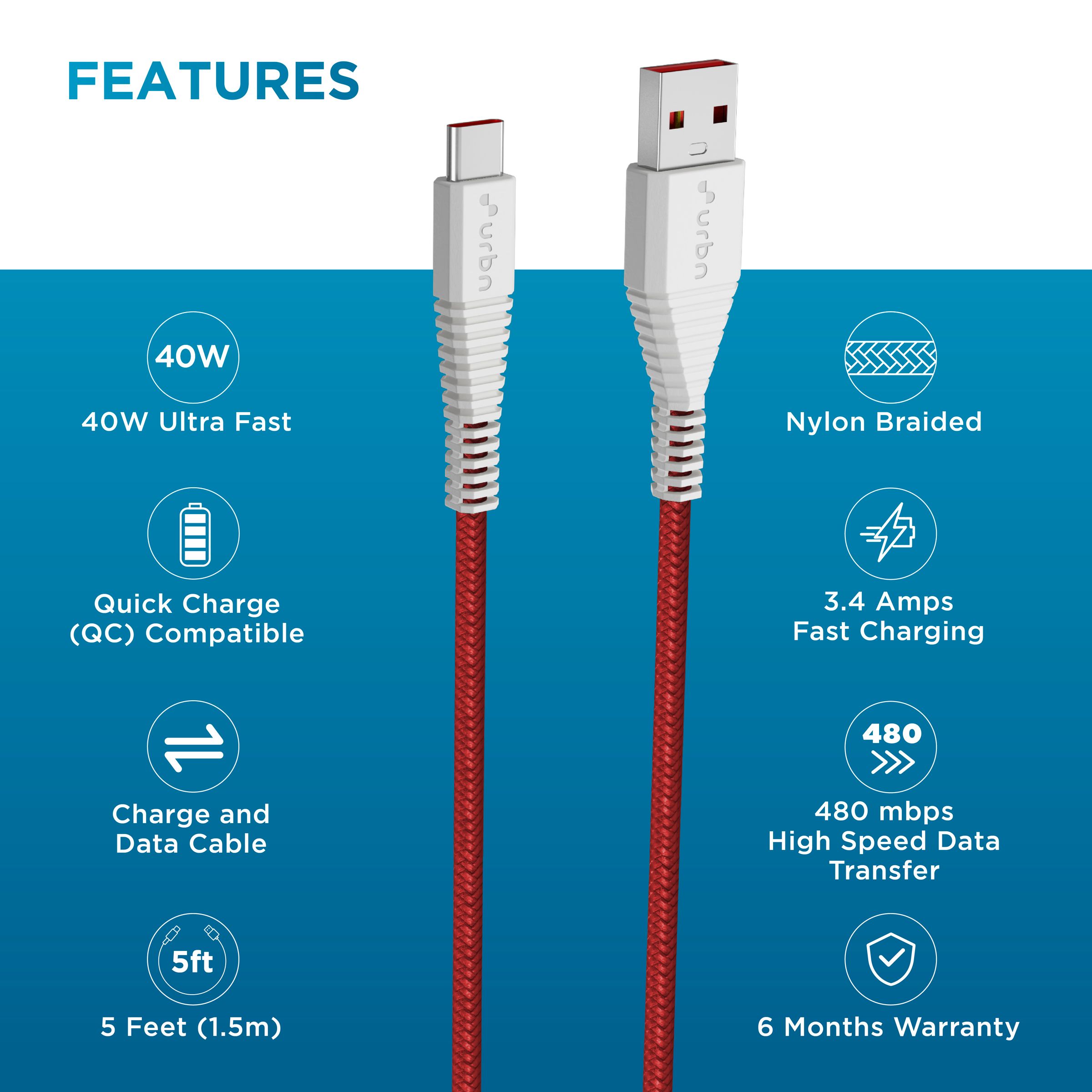 urbn Type C to Type A 5 Feet (1.5M) Cable (Nylon Braided, Red)_3