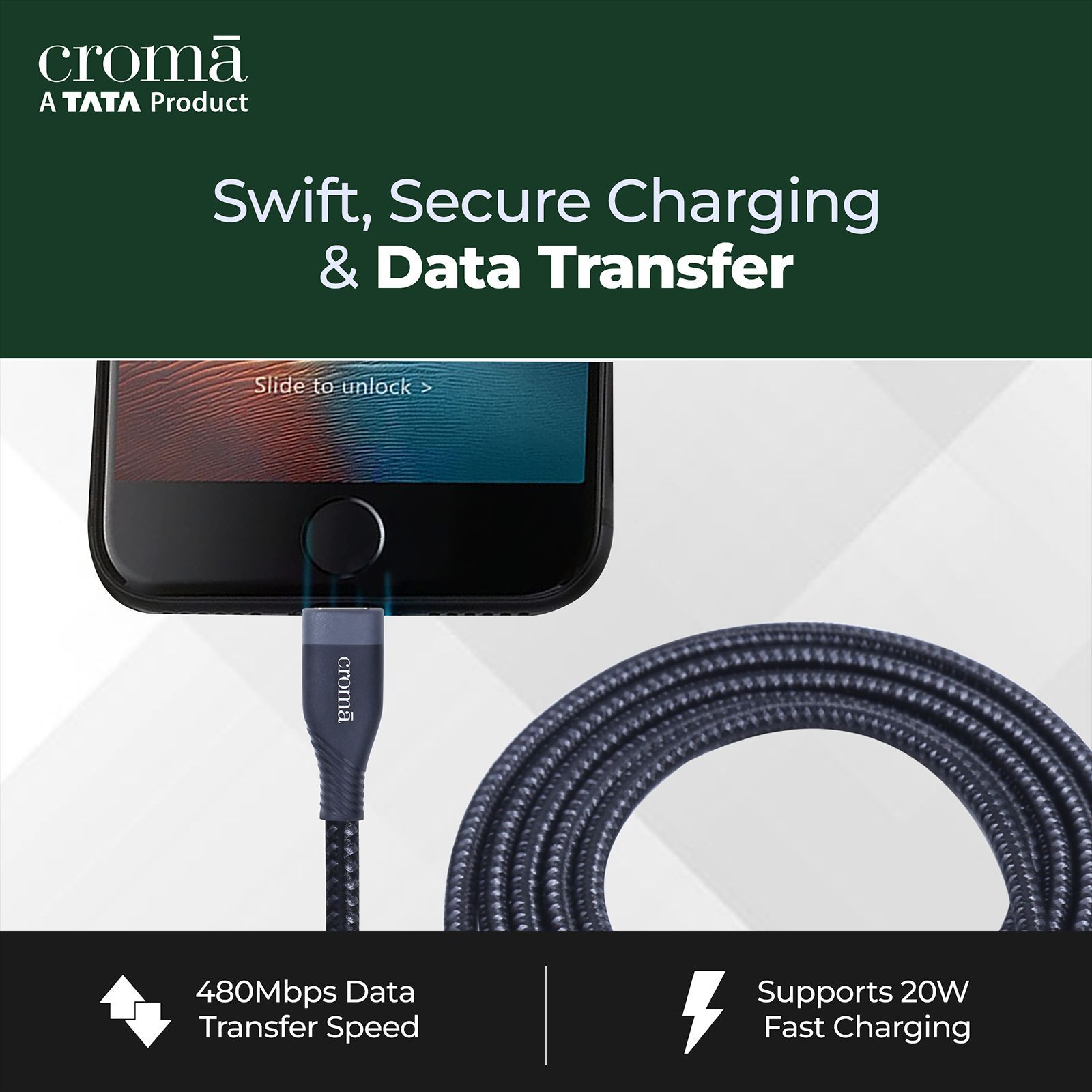Croma Type A to Lightning 3.9 Feet (1.2M) Cable (Apple Certified, Black)_9