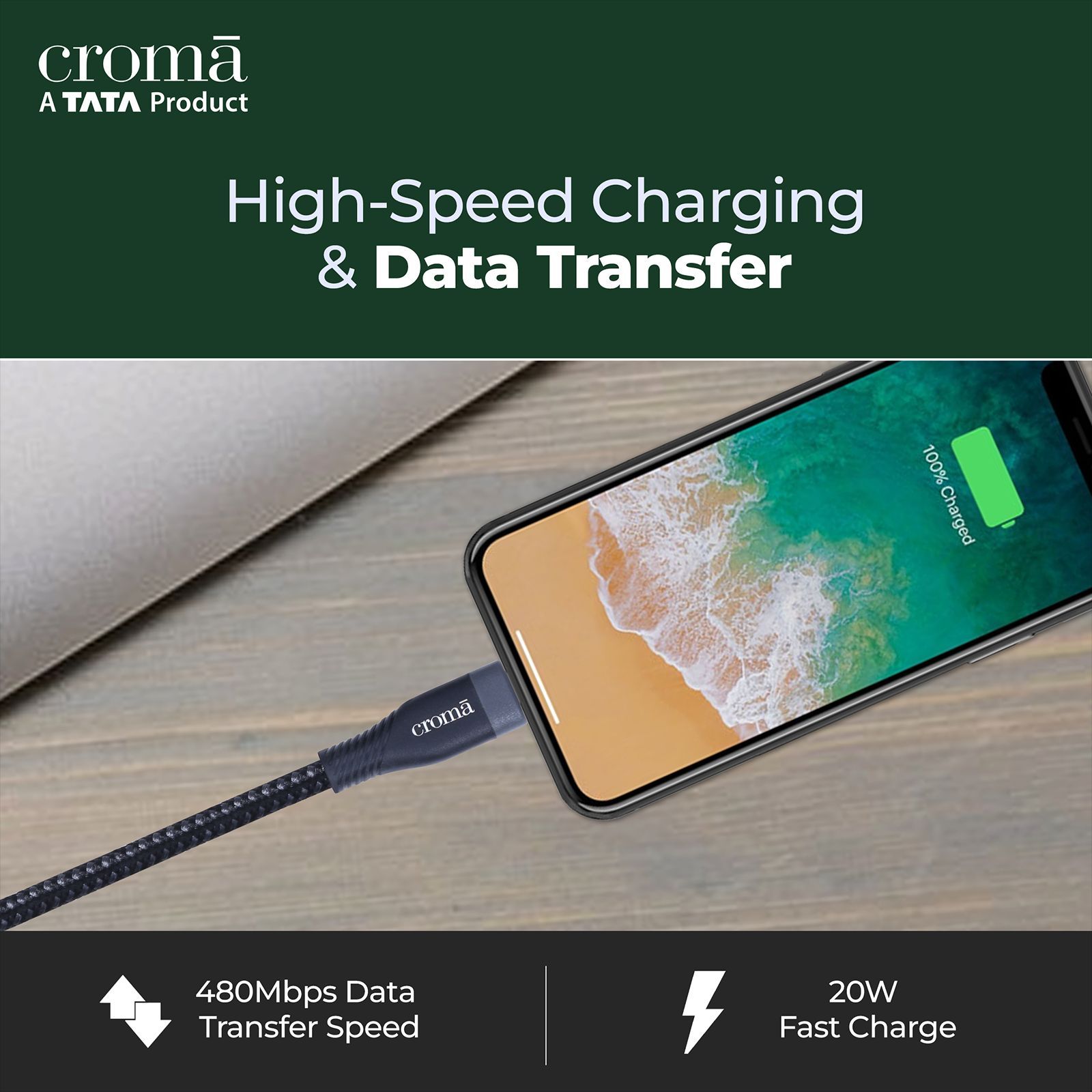 Croma Type C to Lightning 3.9 Feet (1.2M) Cable (Apple Certified, Black)_8