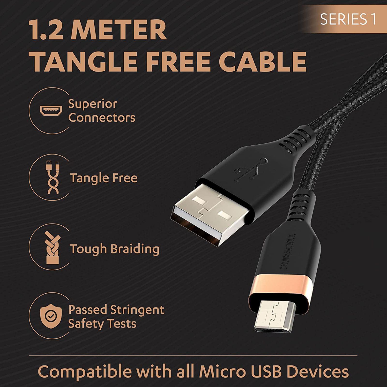 DURACELL Type A to Micro USB 3.9 Feet (1.2M) Cable (Tangle-free, Black)_5