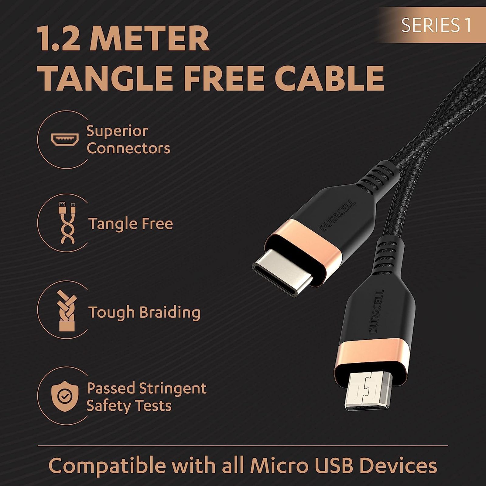 DURACELL Type C to Micro USB 3.9 Feet (1.2M) Cable (Tangle Free, Black)_2