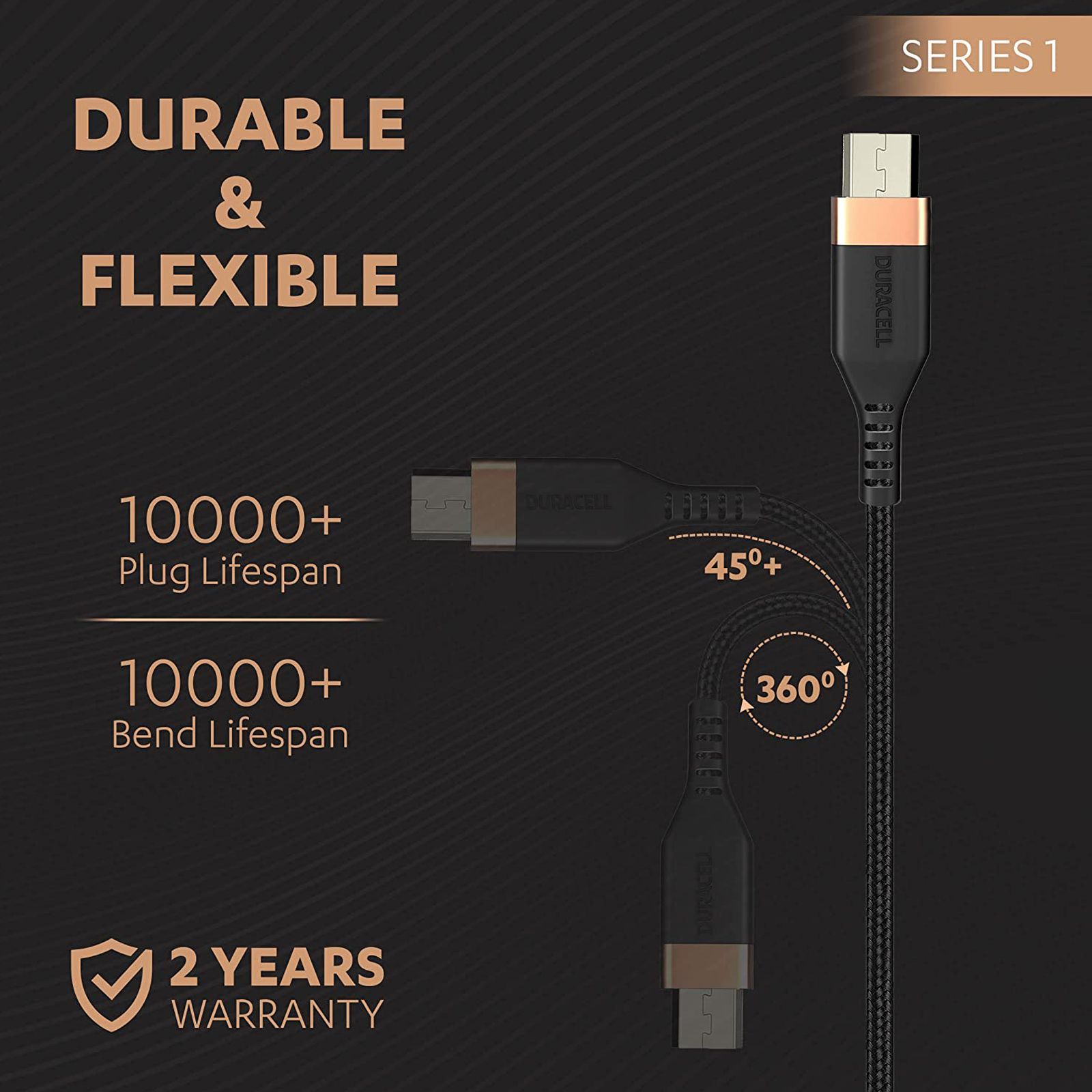 DURACELL Type C to Micro USB 3.9 Feet (1.2M) Cable (Tangle Free, Black)_3