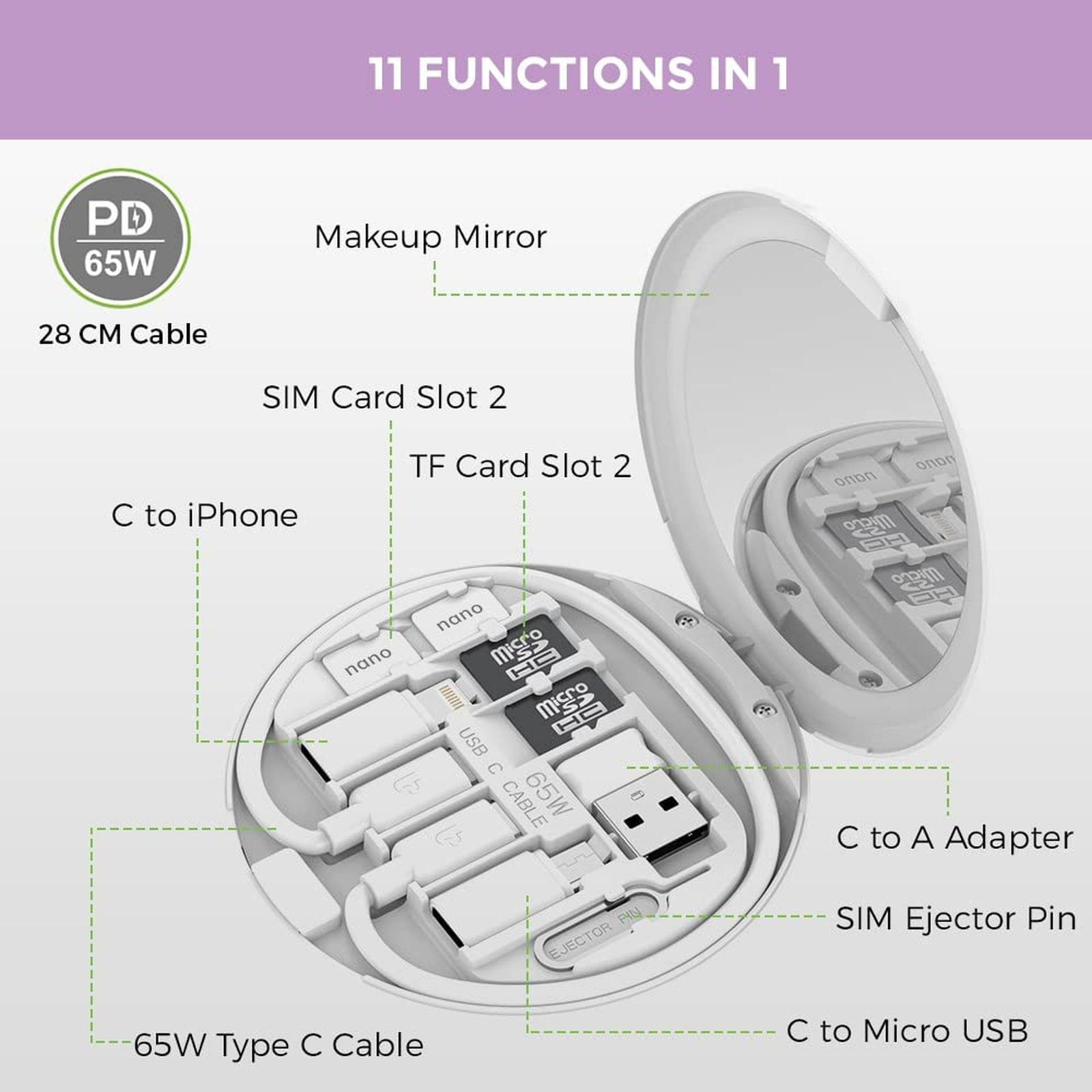 ultraprolink PowerLink Eve Type C to Type C, Micro USB, Type A, SD Card , Nano Sim Slot 0.95 Feet (0.28M) 11-in1 Cable (Small and Powerful, White)_2