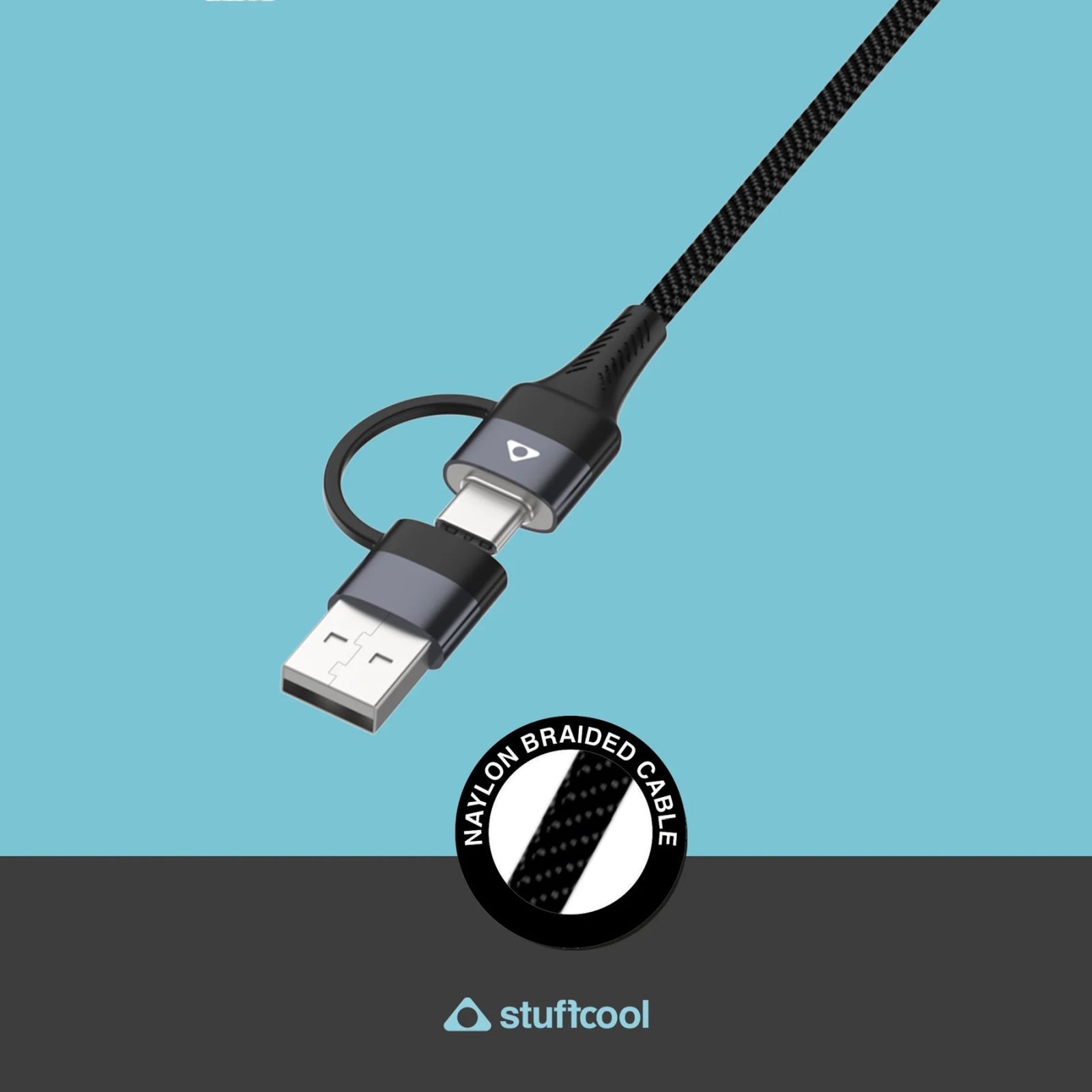 stuffcool Quad Lightning To Type C, Type C to C, Type C, Lightning 3.2 Feet (1M) 4-in1 Cable (Universal Compatibility, Black)_4