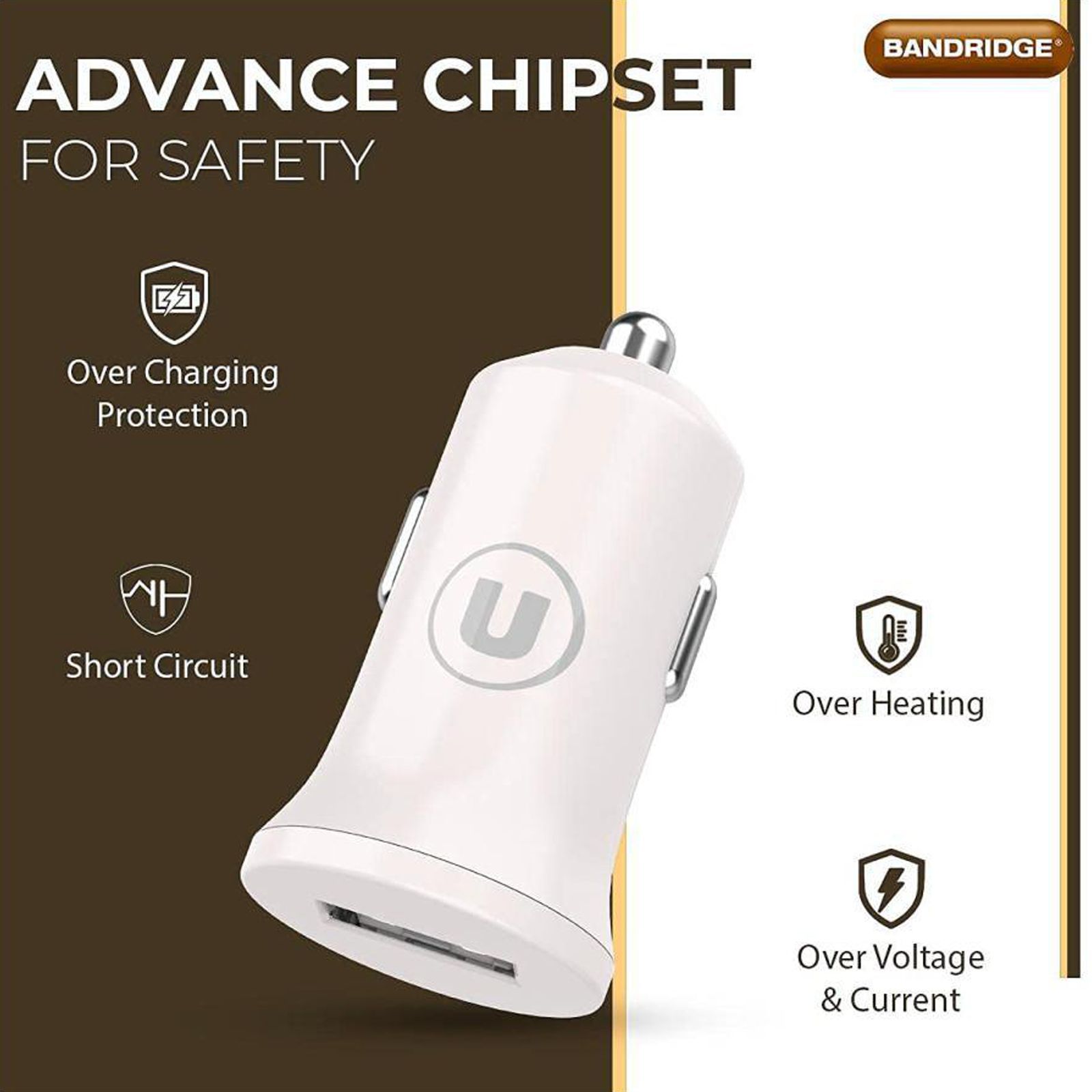 Bandridge 2.4 Amp 1 USB Port Car Charging Adapter with Micro USB Cable (Fast Charging Compatible, White)_2