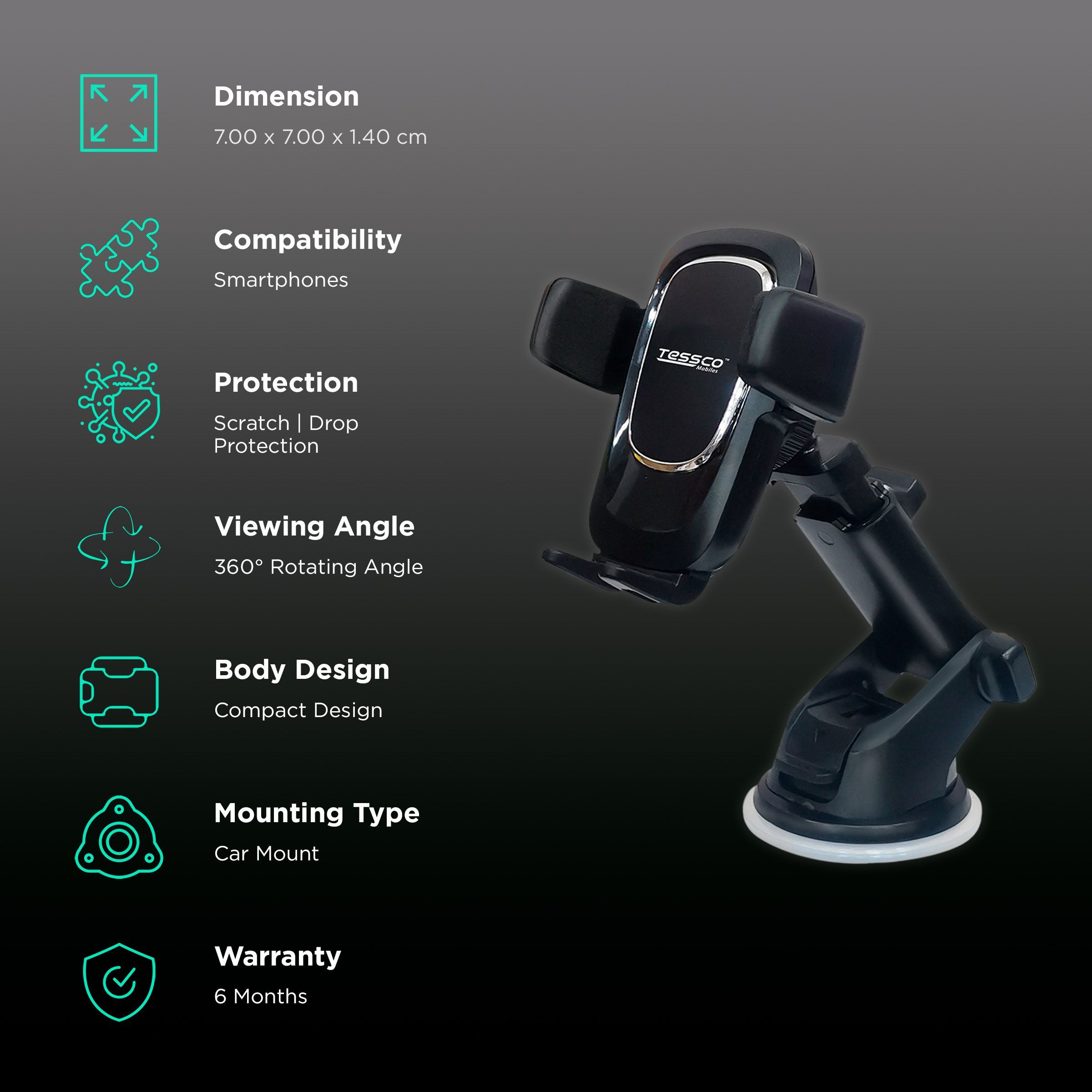 Tessco Mobiles Dashboard Car Mobile Holder (360 Degree Operation, TNU505, Black)_3