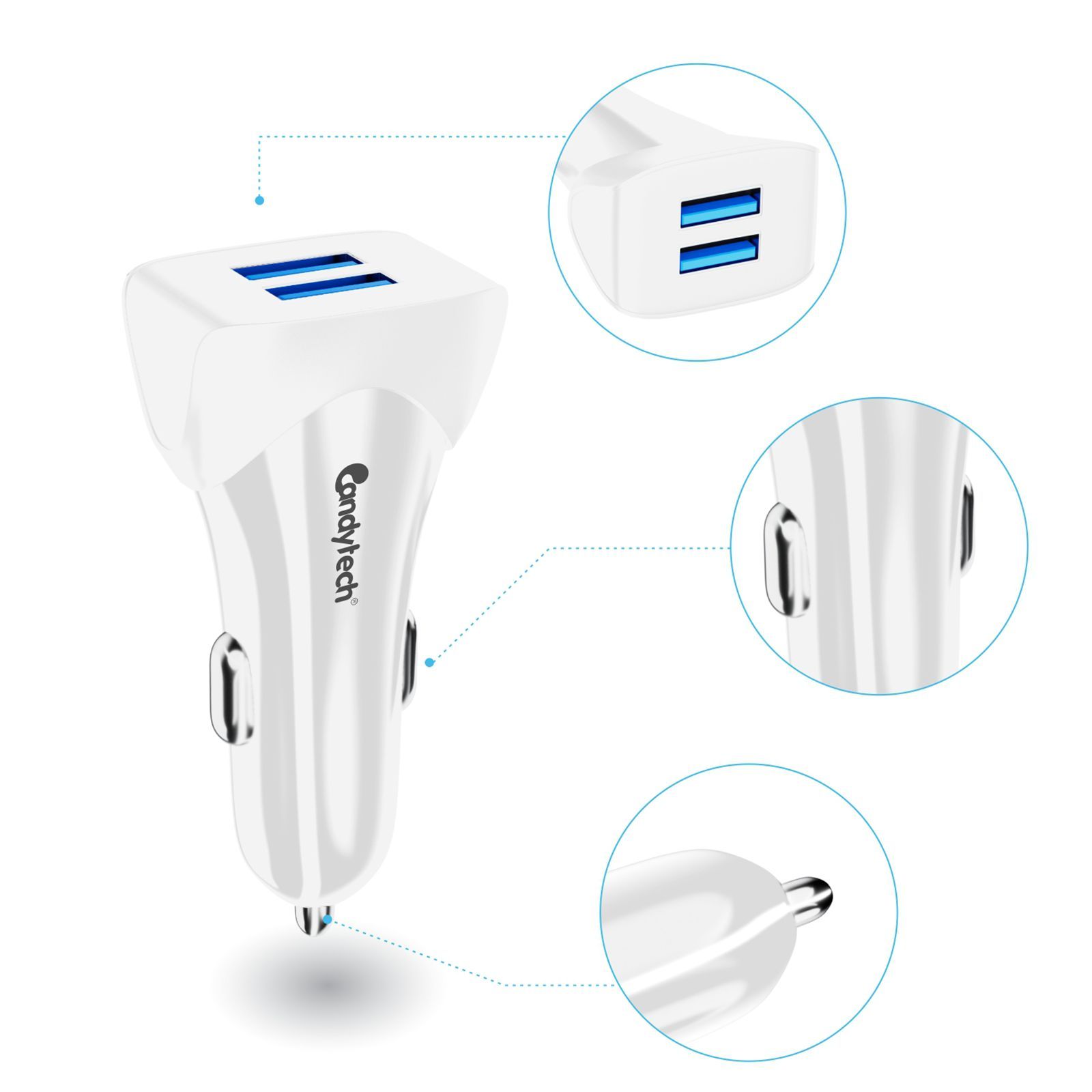 Candytech 3 Ampere 2 USB Ports Car Charging Adapter (Super Fast Charging, CC-15, White)_2