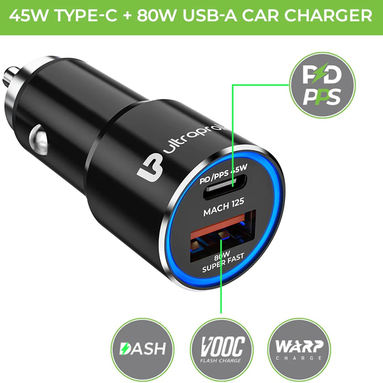 ultraprolink Mach 125 125 Watts 2 USB Ports Type C and Type A Car Charging Adapter with Cable (Multi Layer Protection, UM1160, Black)_4