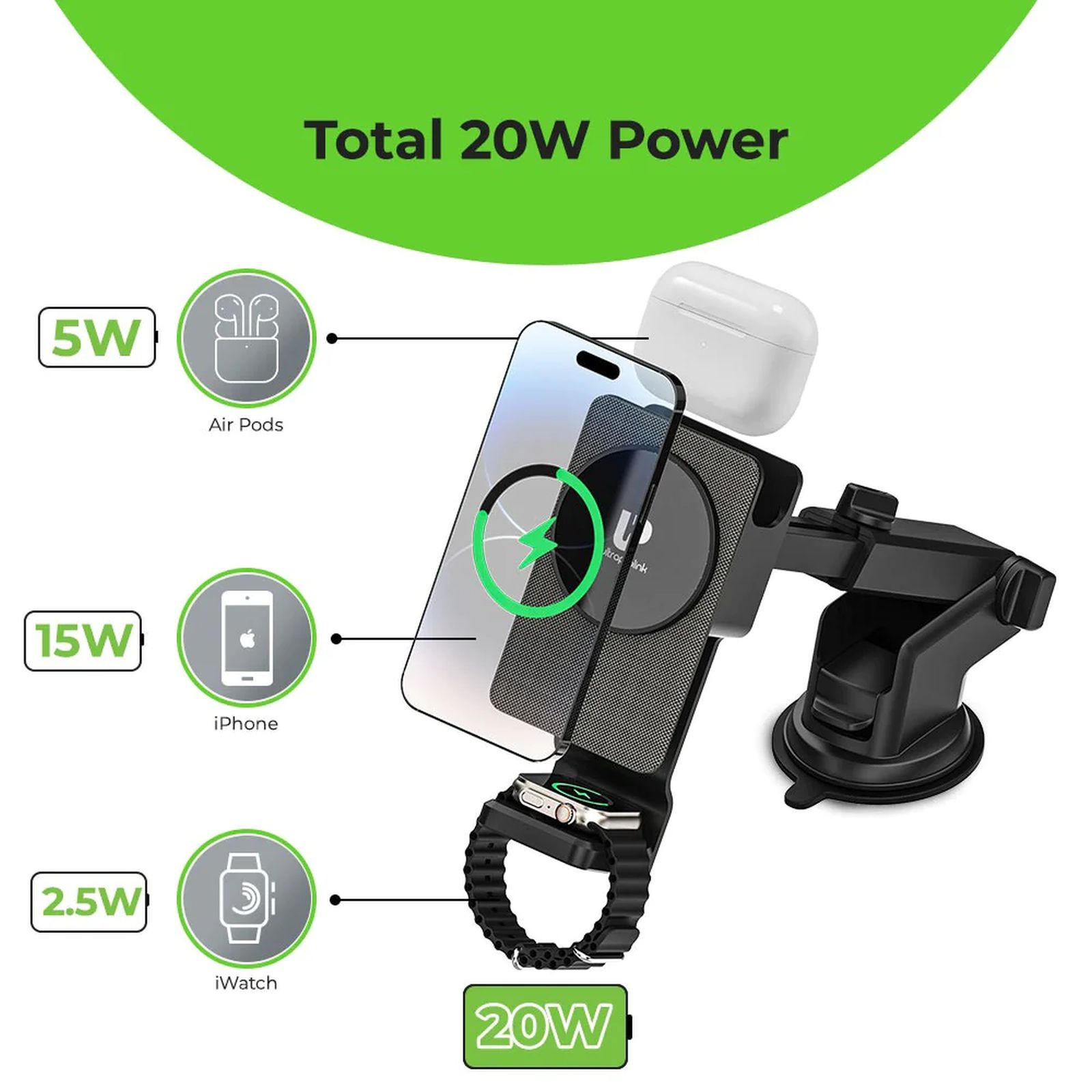 ultraprolink Vylis Auto 20W Wireless Car Charger for Smartphones, Smartwatch and AirPods (Powerful Magnet, Black)_2