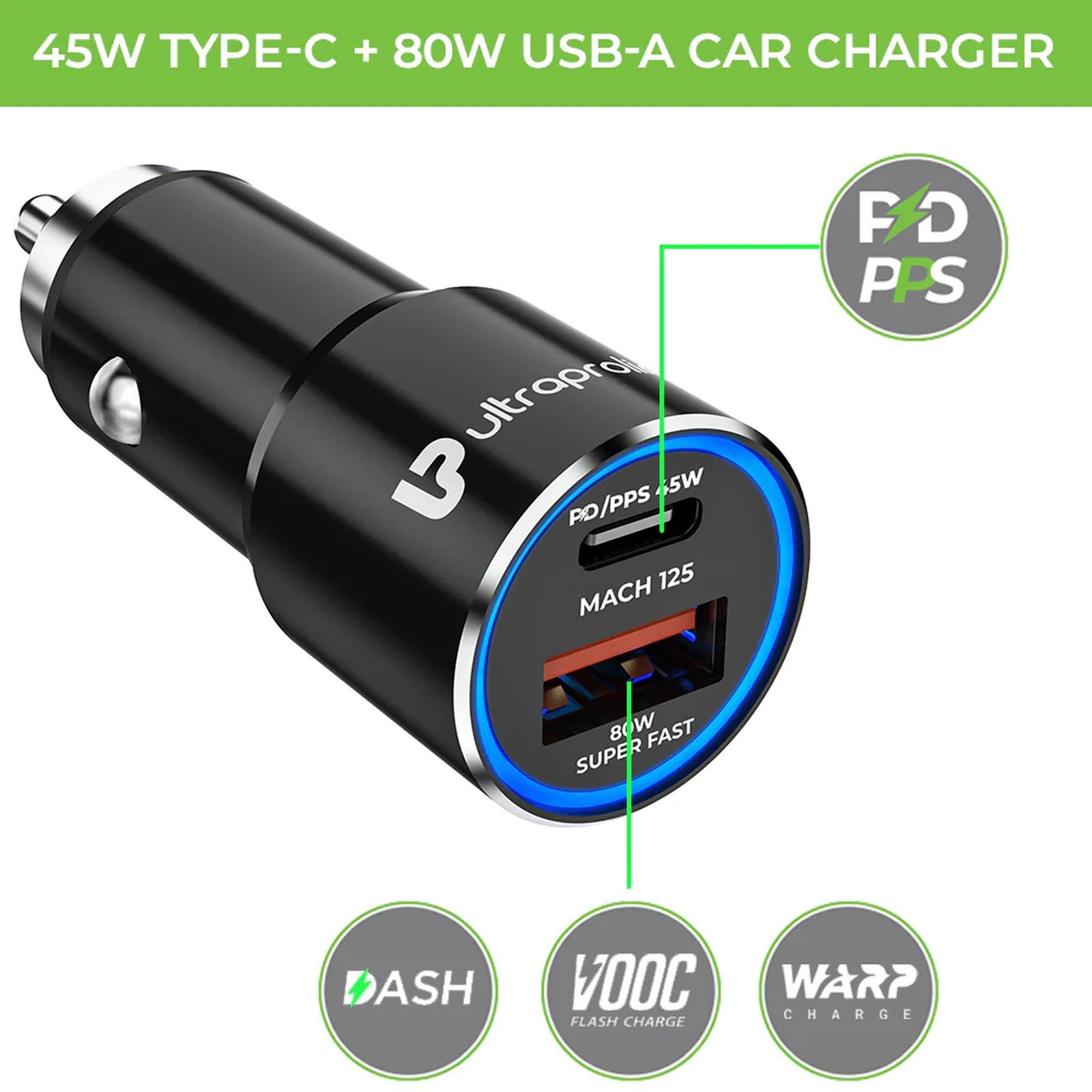 ultraprolink Mach 125 125 Watts 2 USB Ports Type C and Type A Car Charging Adapter with Cable (Multi Layer Protection, UM1160, Black)_6
