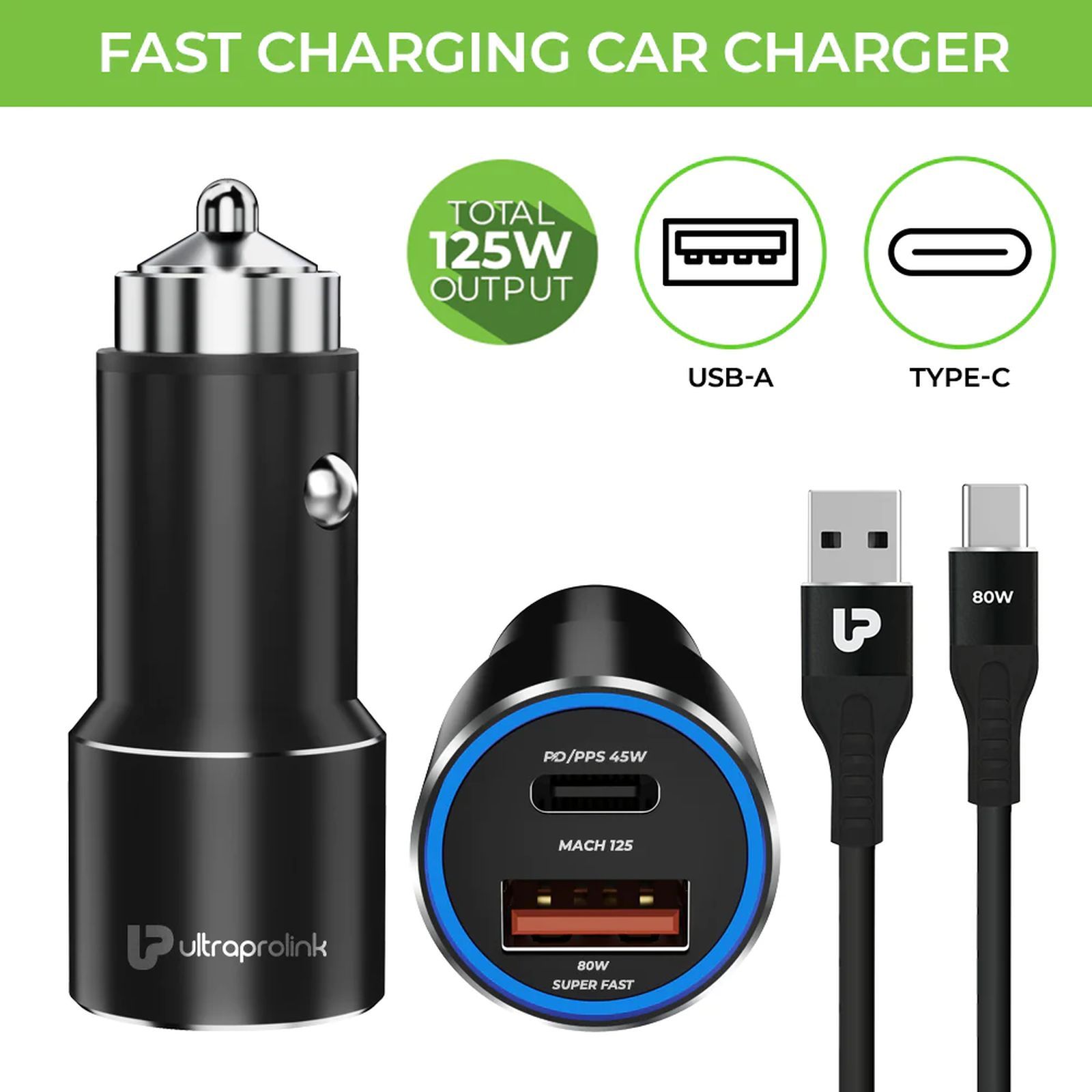 ultraprolink Mach 125 125 Watts 2 USB Ports Type C and Type A Car Charging Adapter with Cable (Multi Layer Protection, UM1160, Black)_2