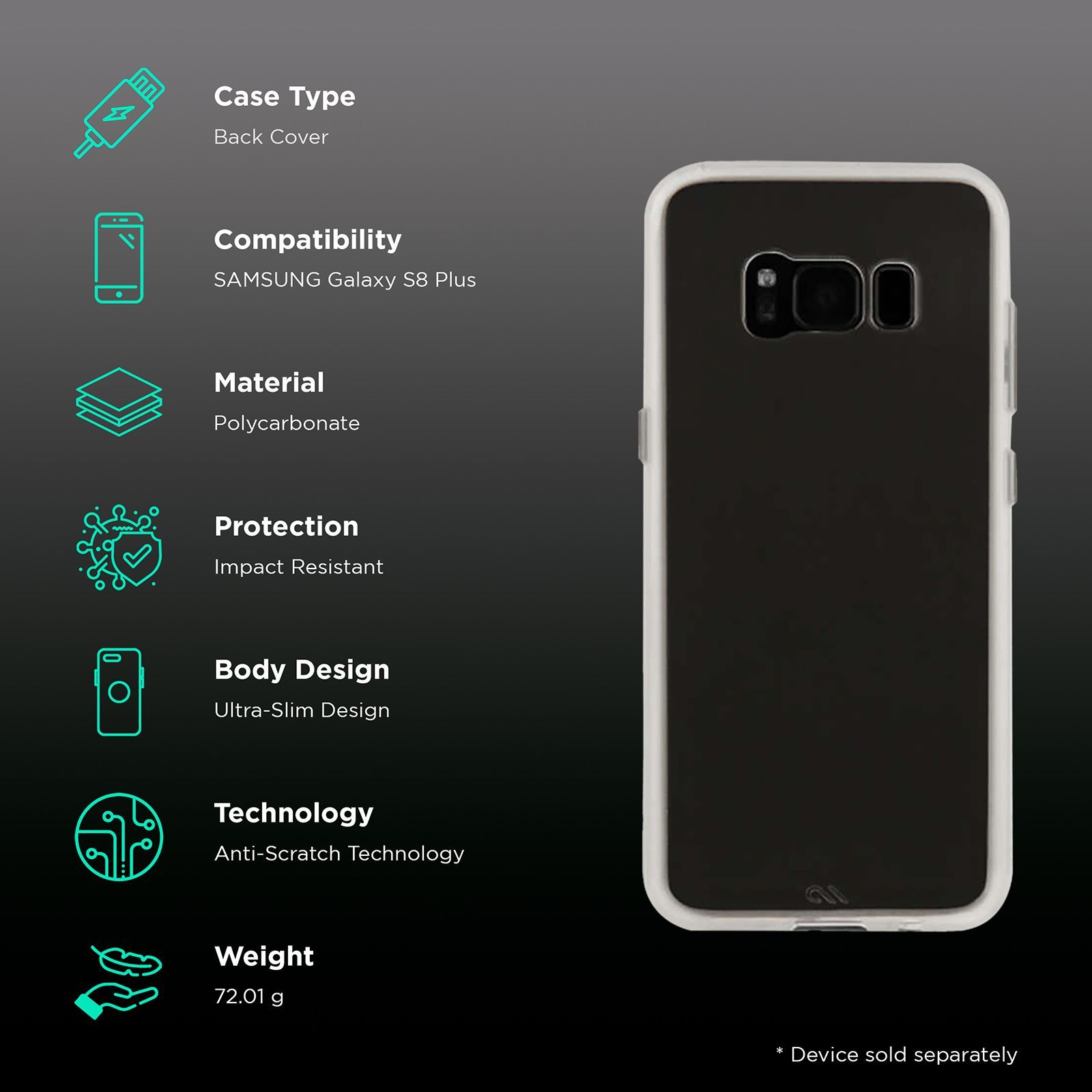 Case-Mate CM035462 Polycarbonate Back Cover for Samsung Galaxy S8 Plus (Anti Scratch Technology, Clear)_2