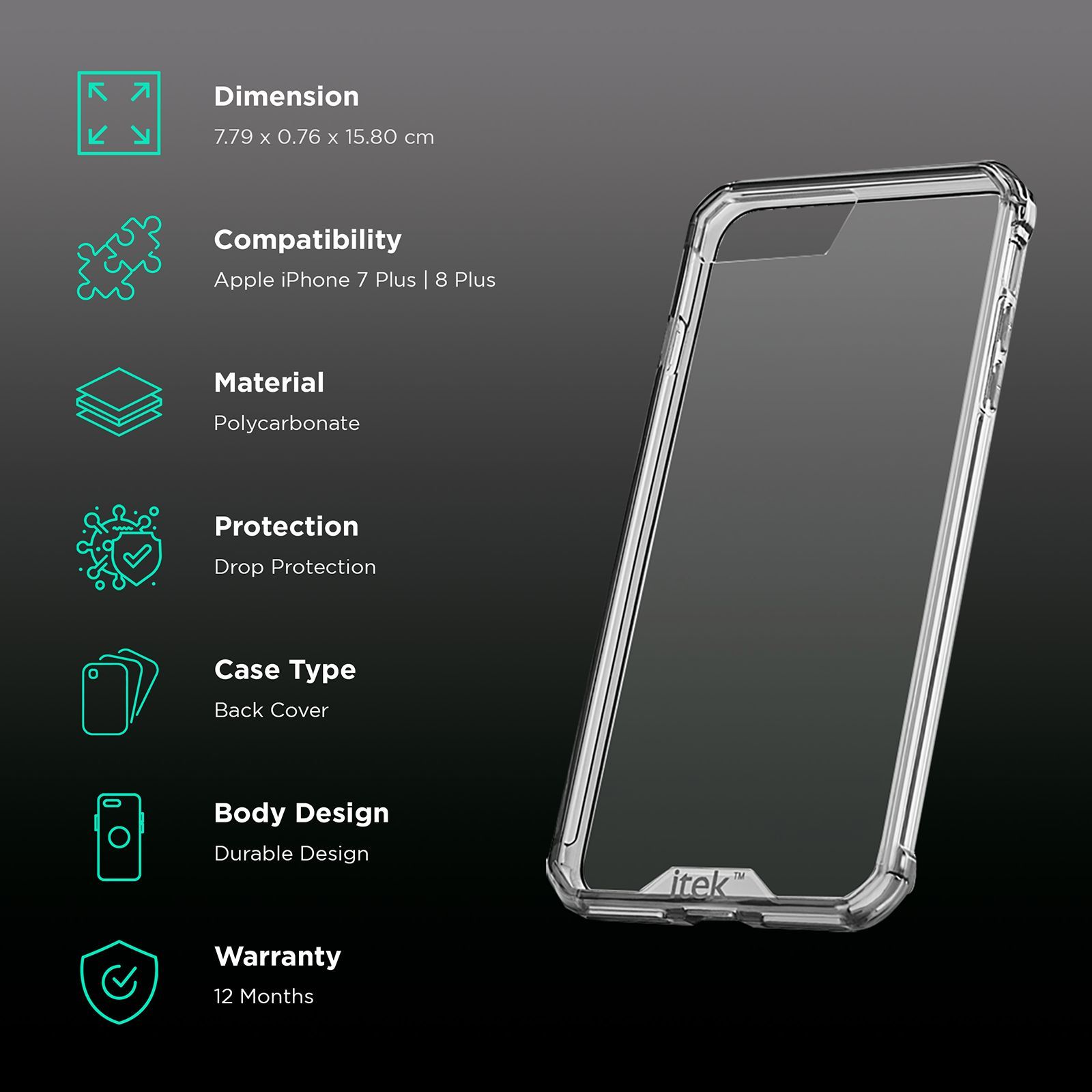 itek Air Hybrid Polycarbonate Back Cover for Apple iPhone 7 Plus and iPhone 8 Plus (Camera Protection, Black Clear)_2