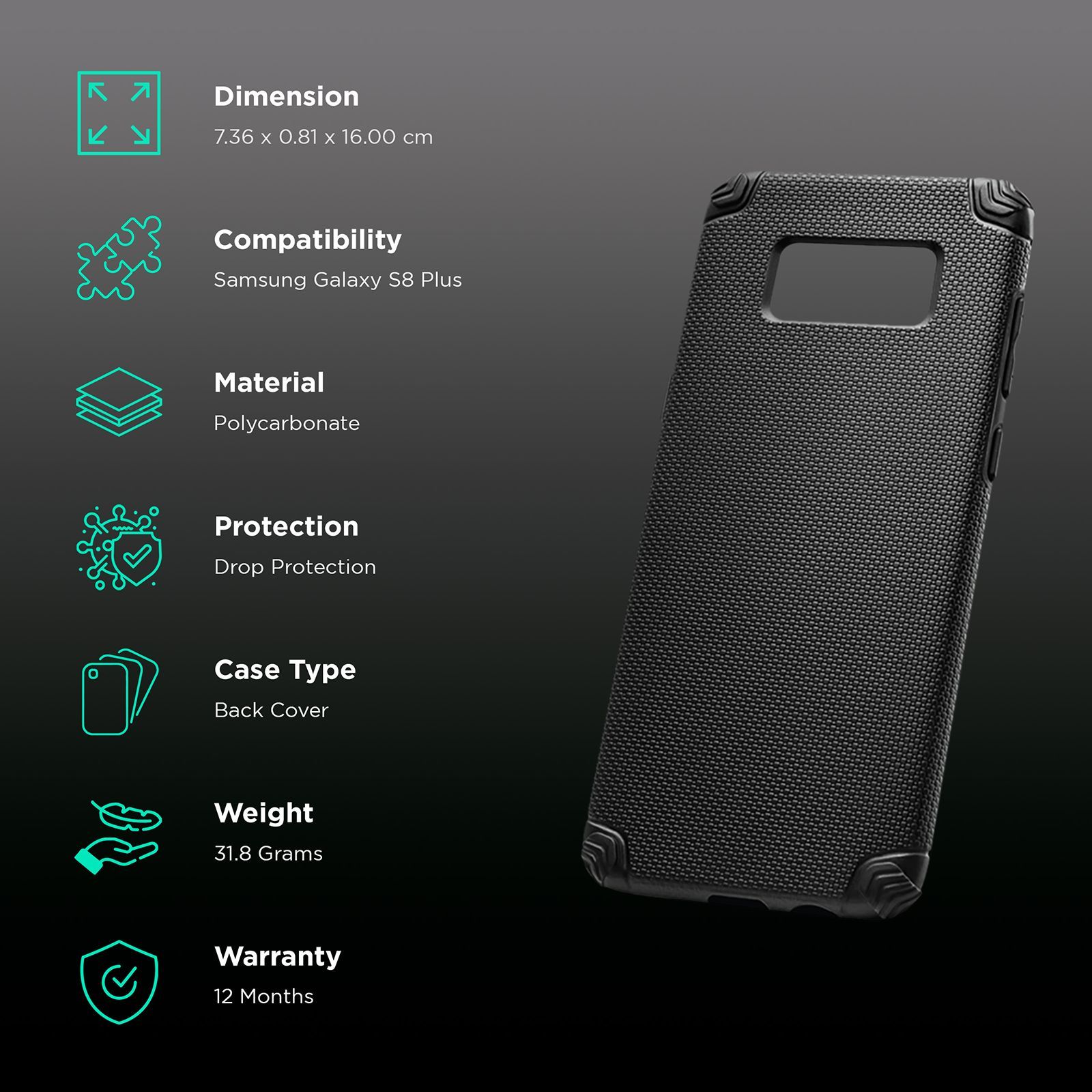 itek Rugged Slim Armour Polycarbonate Back Cover for Samsung Galaxy S8 Plus (Camera Protection, Black)_2