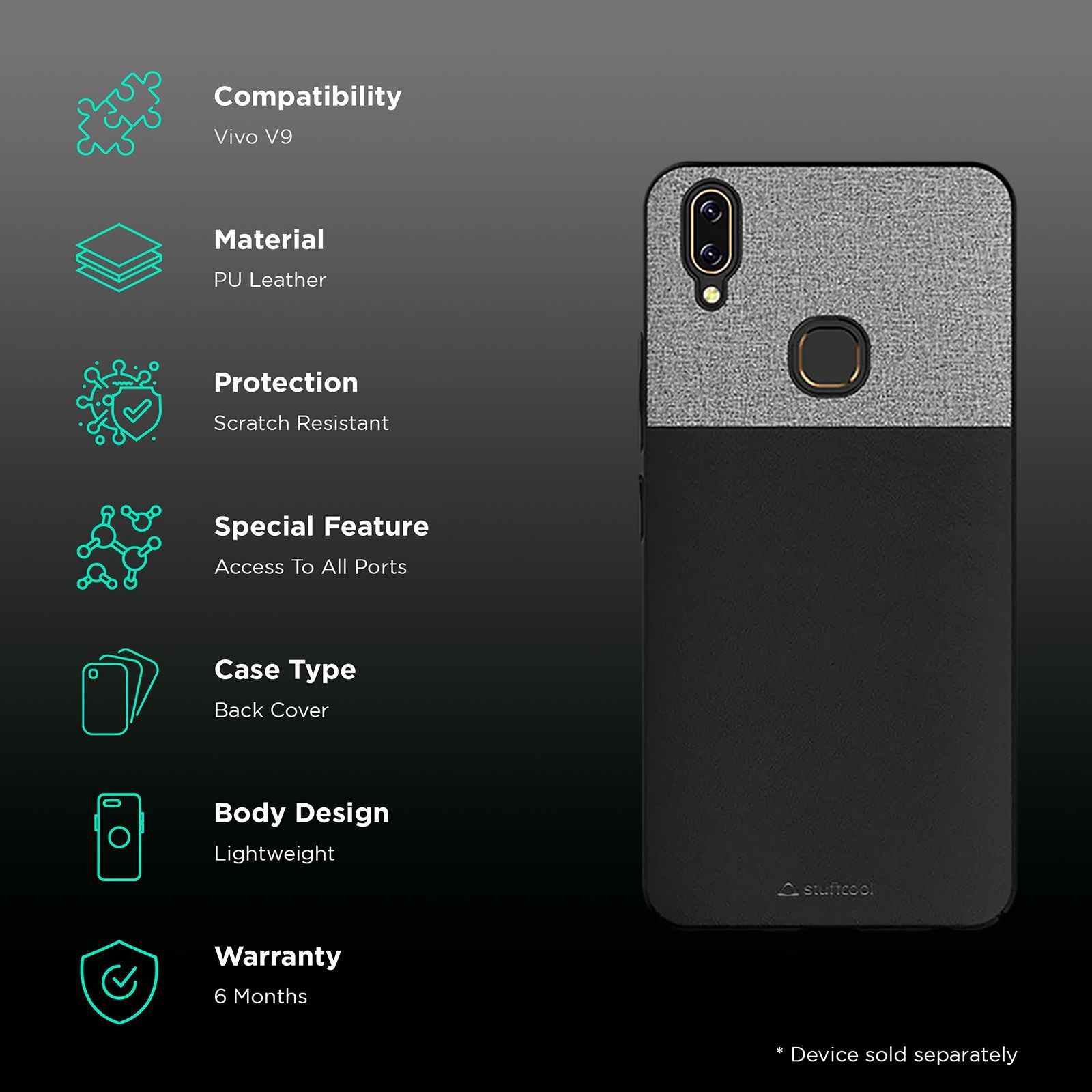 stuffcool Eto Sport Hard PU Leather Back Cover for Vivo V9 (Camera Protection, Black) stuffcool Eto Sport Hard PU Leather Back Cover for Vivo V9 (Camera Protection, Black)_2