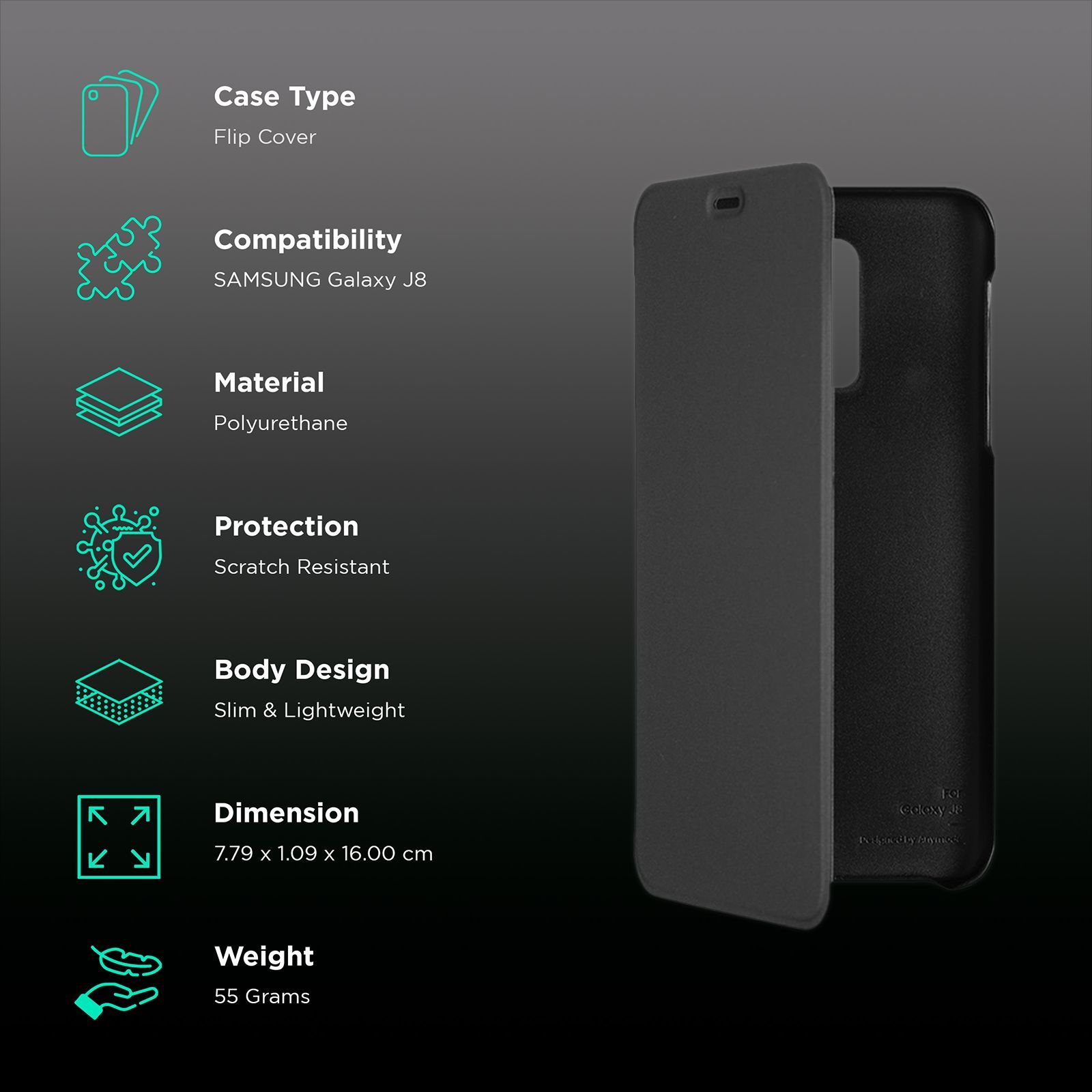 SAMSUNG Polyurethane Flip Cover for Galaxy J8 (Scratch Proof, Black)_2