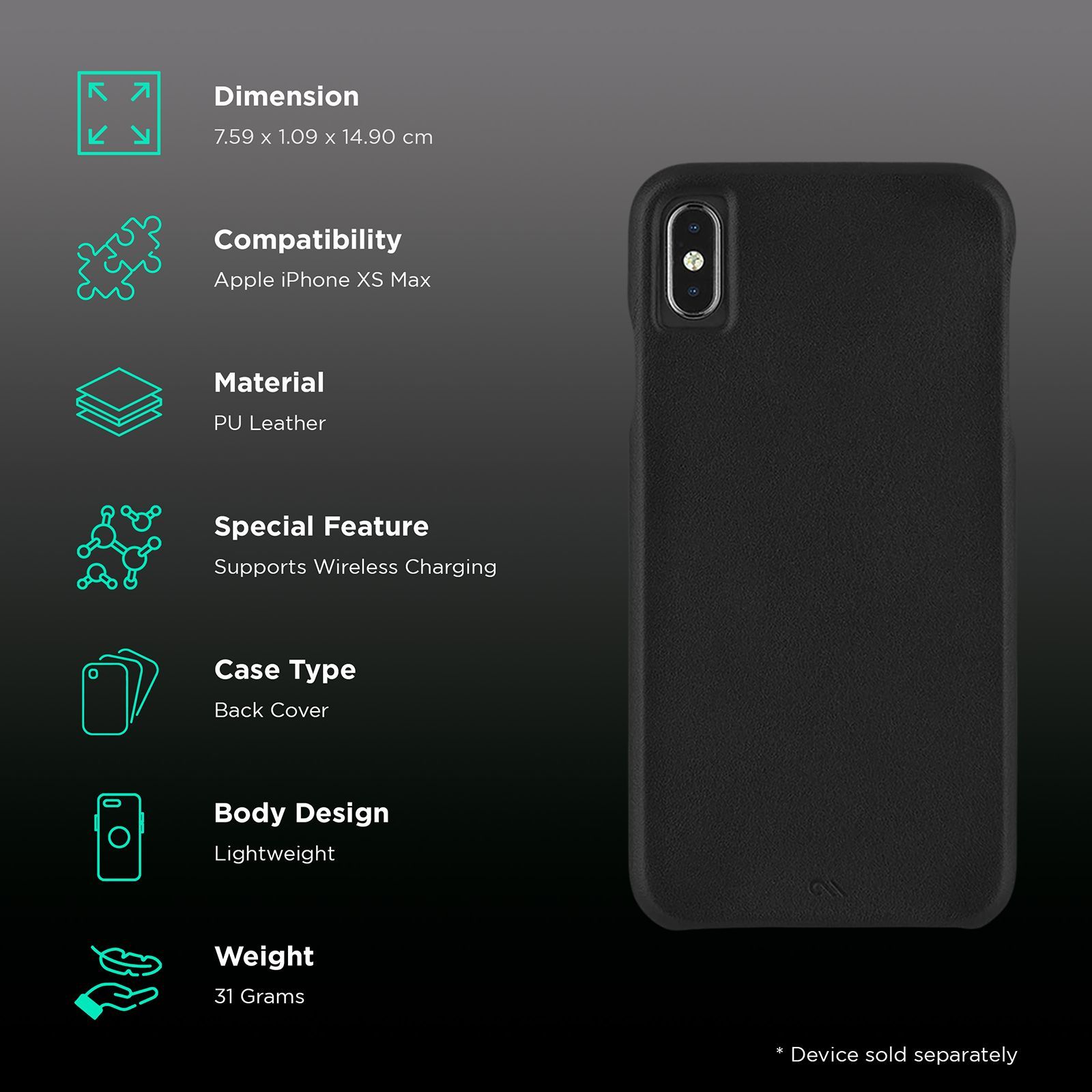 Case-Mate Barely There PU Leather Back Cover for Apple iPhone XS Max (Brushed Microfiber Interior, Black)_2