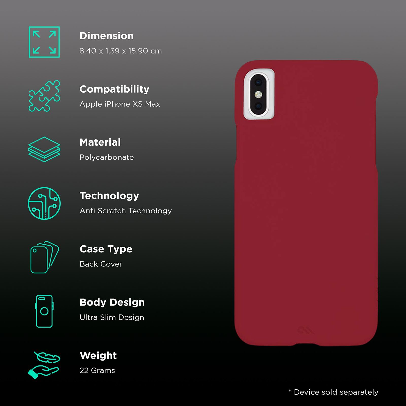 Case-Mate Barely There Polycarbonate Hard Back Cover Cover for Apple iPhone XS Max (Anti Scratch Technology, Cardinal)_2
