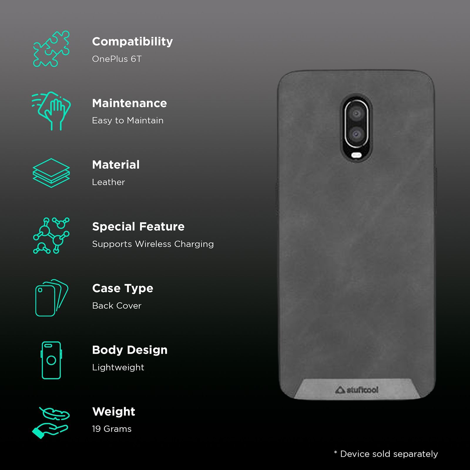 stuffcool Rego PU Leather Back Cover for OnePlus 6T (Camera Protection, Black)_2