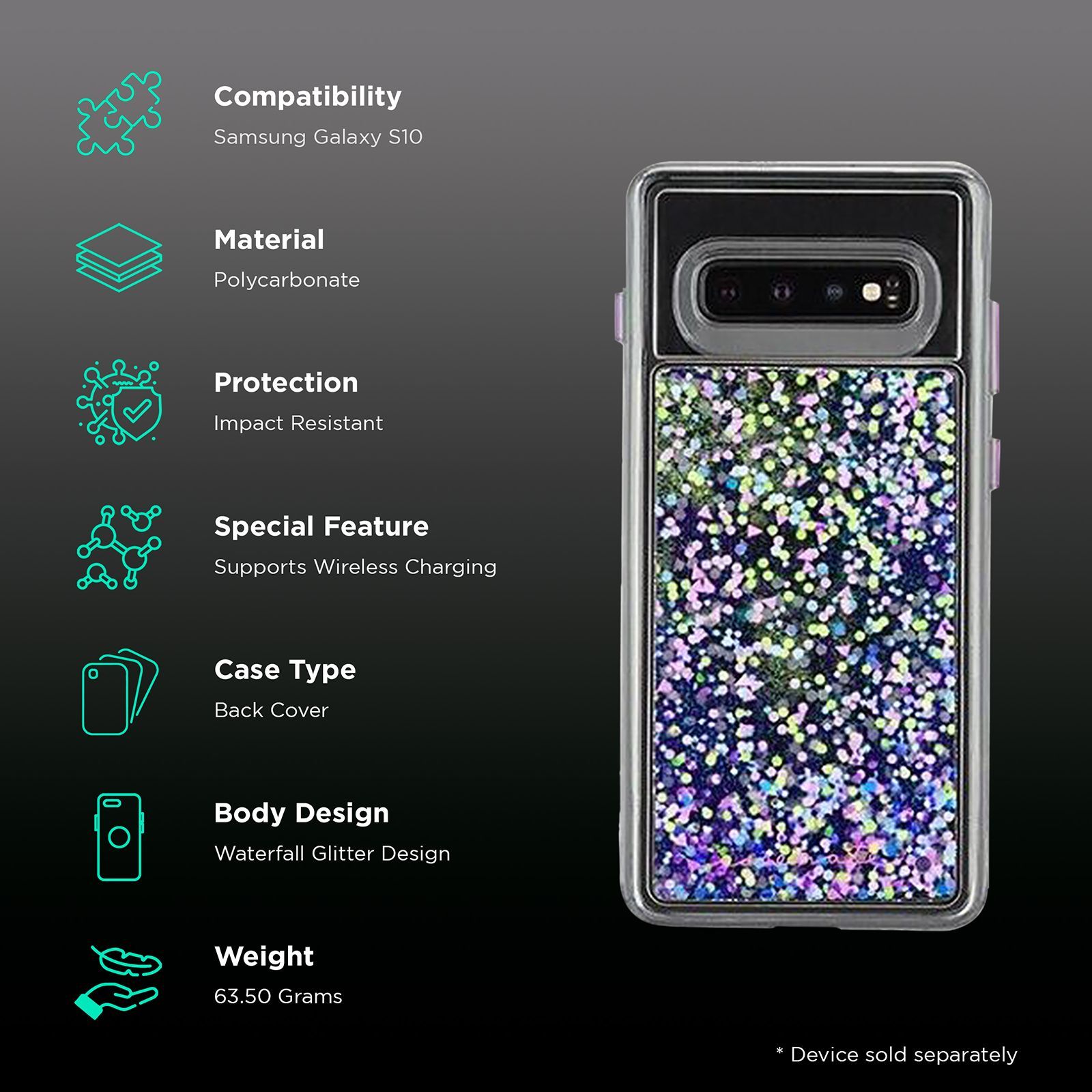 Case-Mate Waterfall Glitter Polycarbonate Back Cover for Samsung Galaxy S10 (Drop Protection, Purple Glow)_2