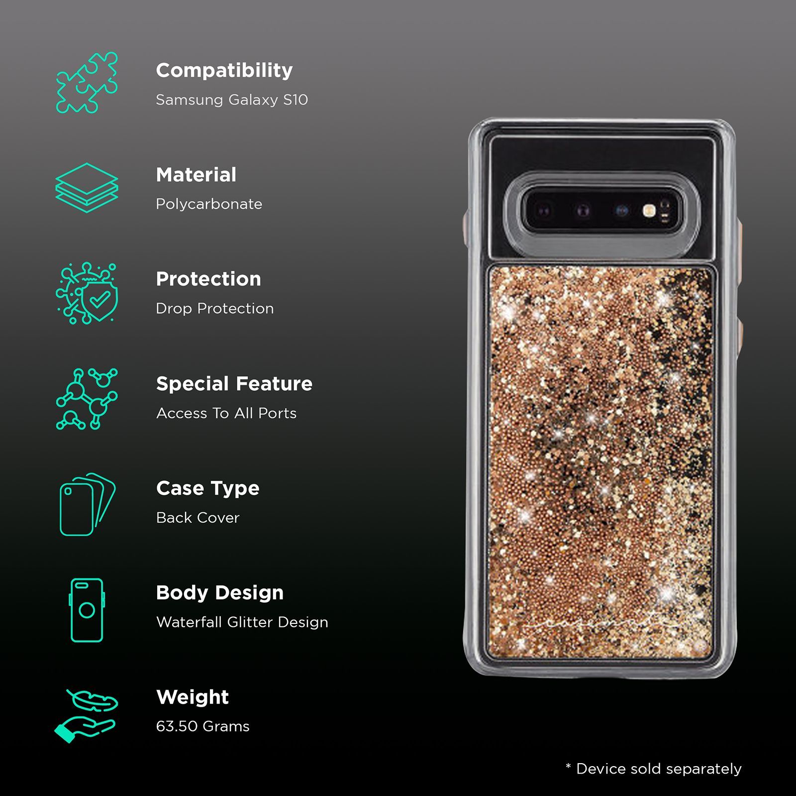 Case-Mate Waterfall Glitter Polycarbonate Back Cover for Samsung Galaxy S10 (Drop Protection, Gold)_2
