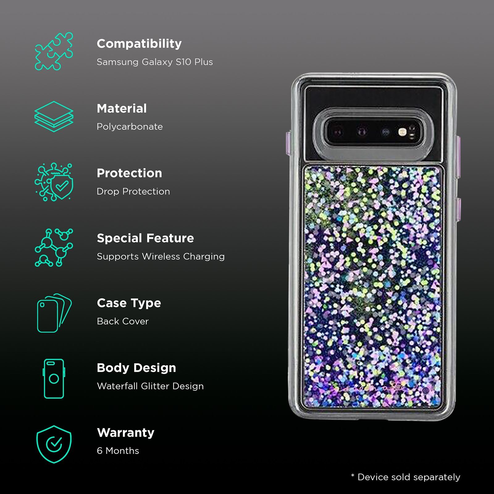 Case-Mate Waterfall Glitter Polycarbonate Back Cover for Samsung Galaxy S10 Plus (Drop Protection, Purple Glow)_2