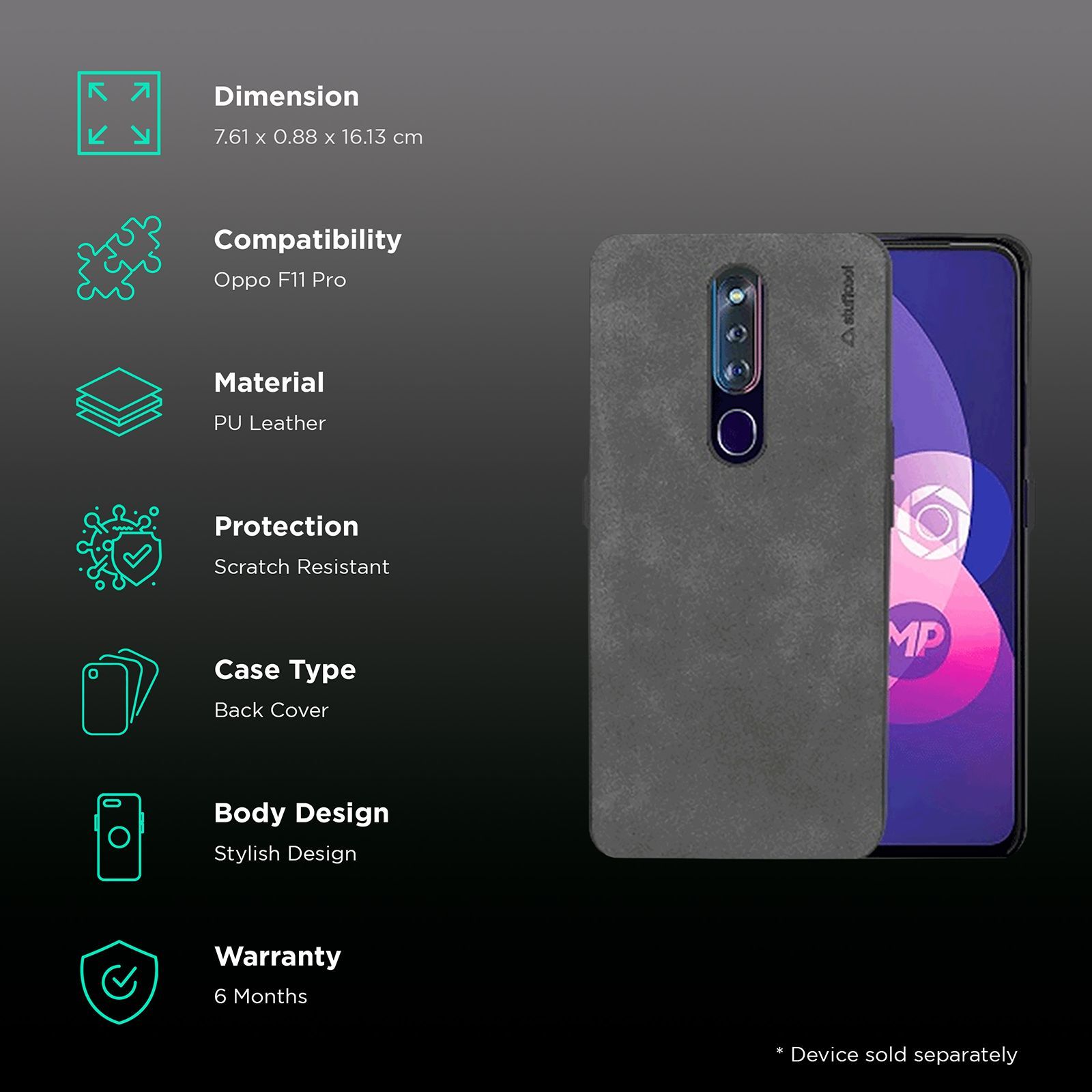 stuffcool Rego PU Leather Back Cover for Oppo F11 Pro (Camera Protection, Grey)_2