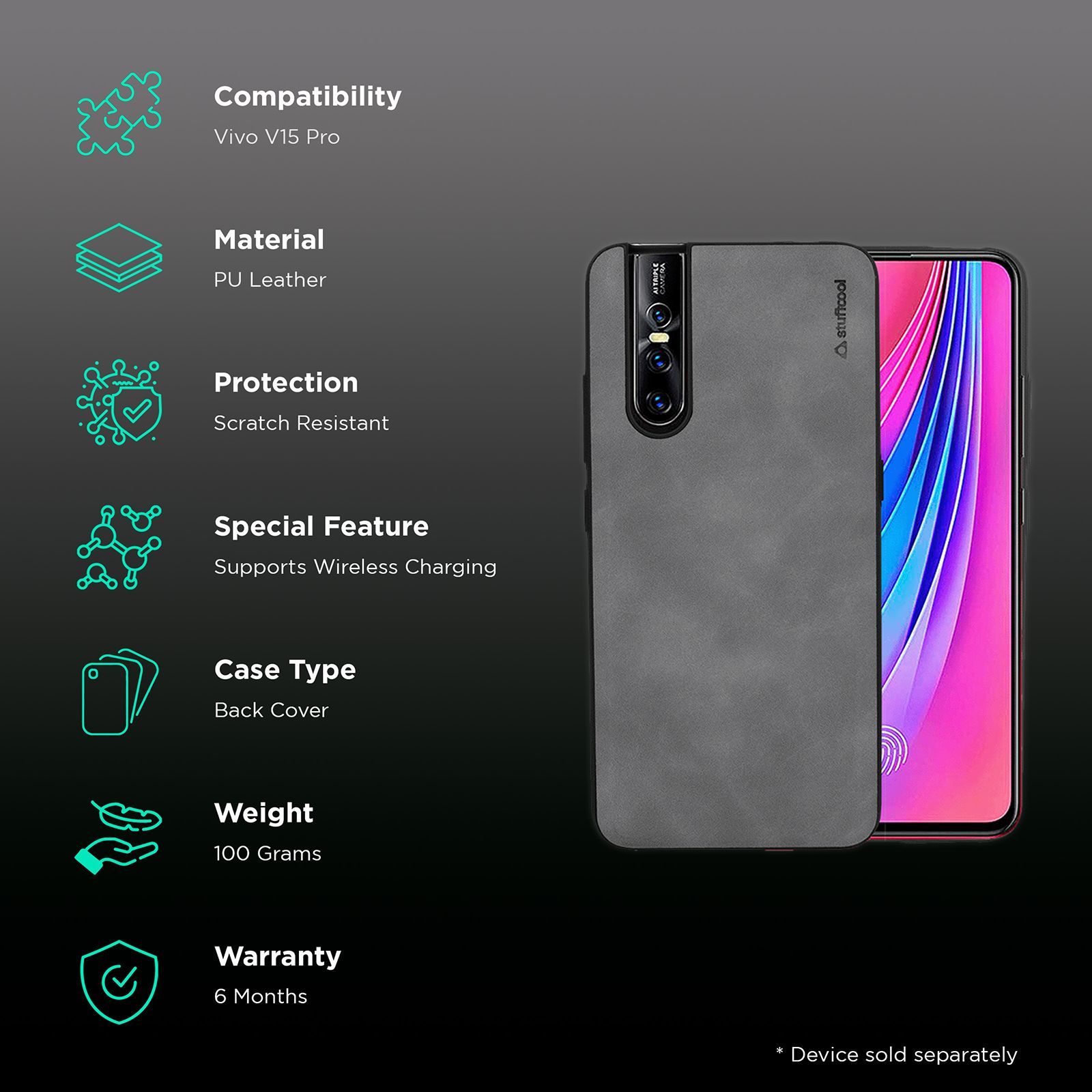 stuffcool Rego PU Leather Back Cover for Vivo V15 Pro (Camera Protection, Grey)_2